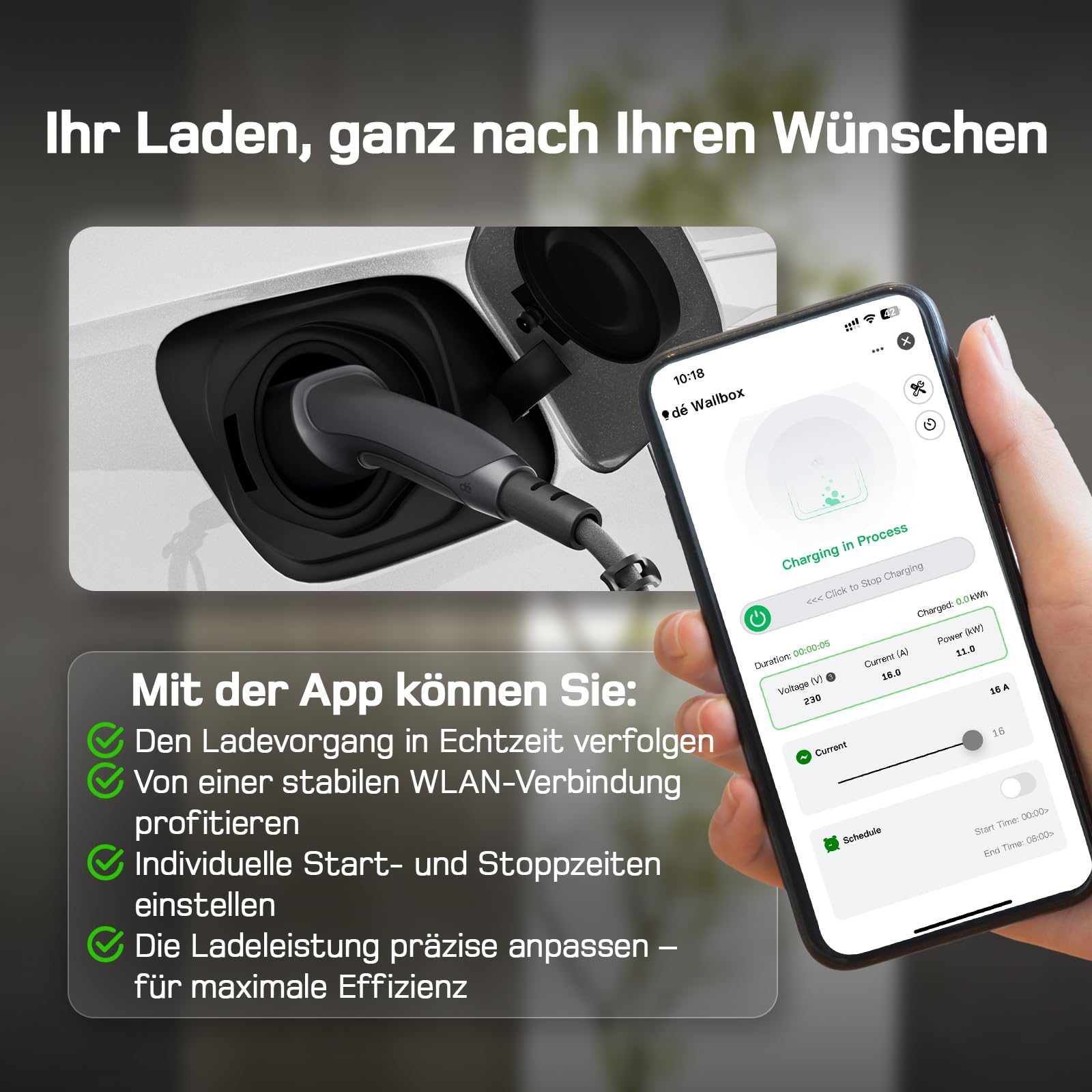 Mobile Wallbox 11kW mit APP 7m 3-phasig 6-16A Ladekabel CEE-16A 400V Typ 2 EV-Charger für ID.3/4/5/7 IX1 Model 3/Y BEV PHEV