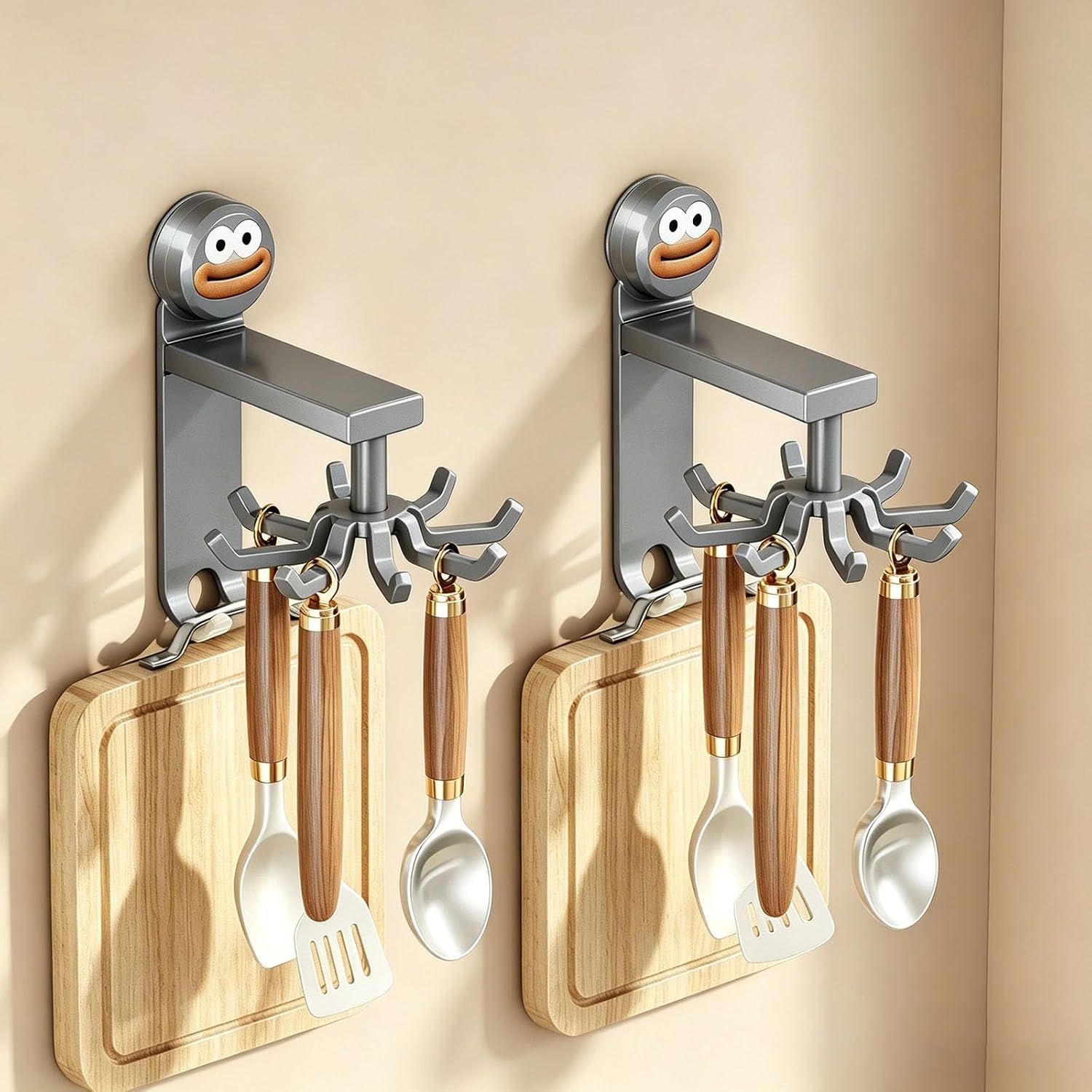 Suction Cup Kitchen Utensil Hooks, 360° Rotating Wall Mounted Utensil Holder, Kitchen Gadget Hanger for Spatula, Spoon, Pot Lid, Cutting Board(Black)