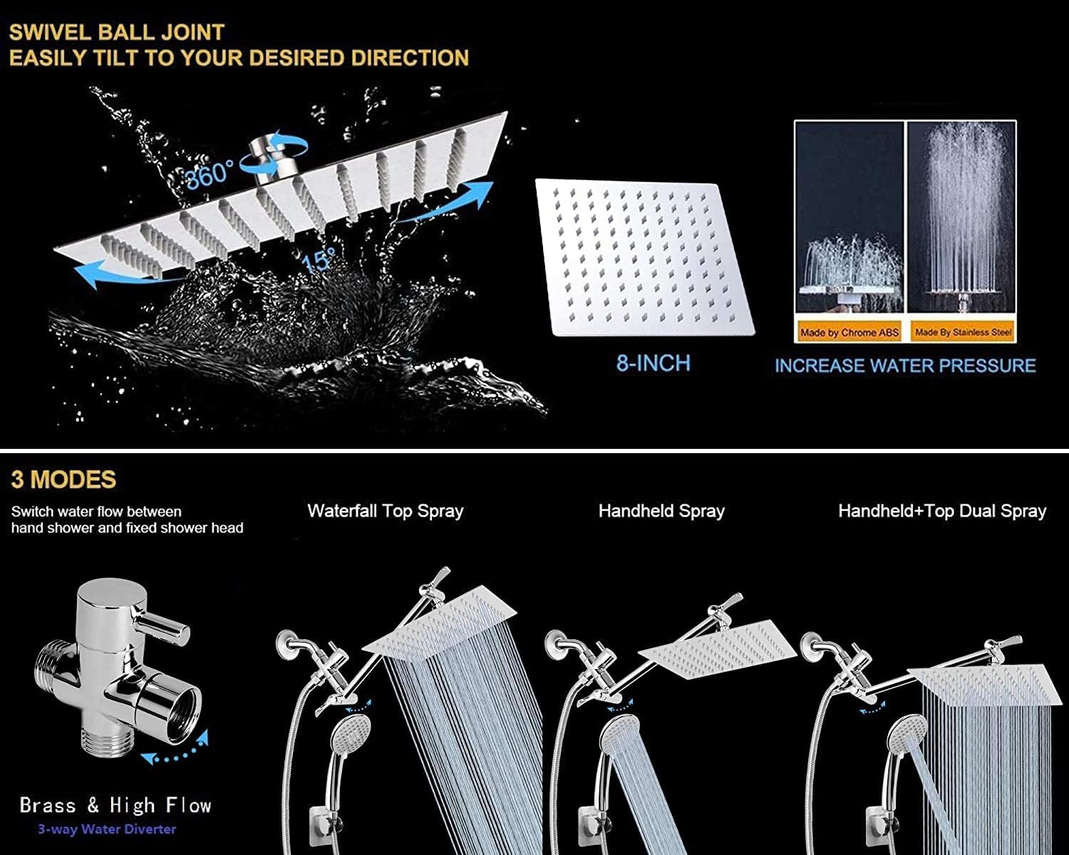 Shower Head Combo with 11'' Extension Arm，High Pressure Rain Shower Head with Handheld Shower Spray and Holder/ 1.5M Hose，Dual Rainfall Showerhead Set，Chrome (8 Inch)