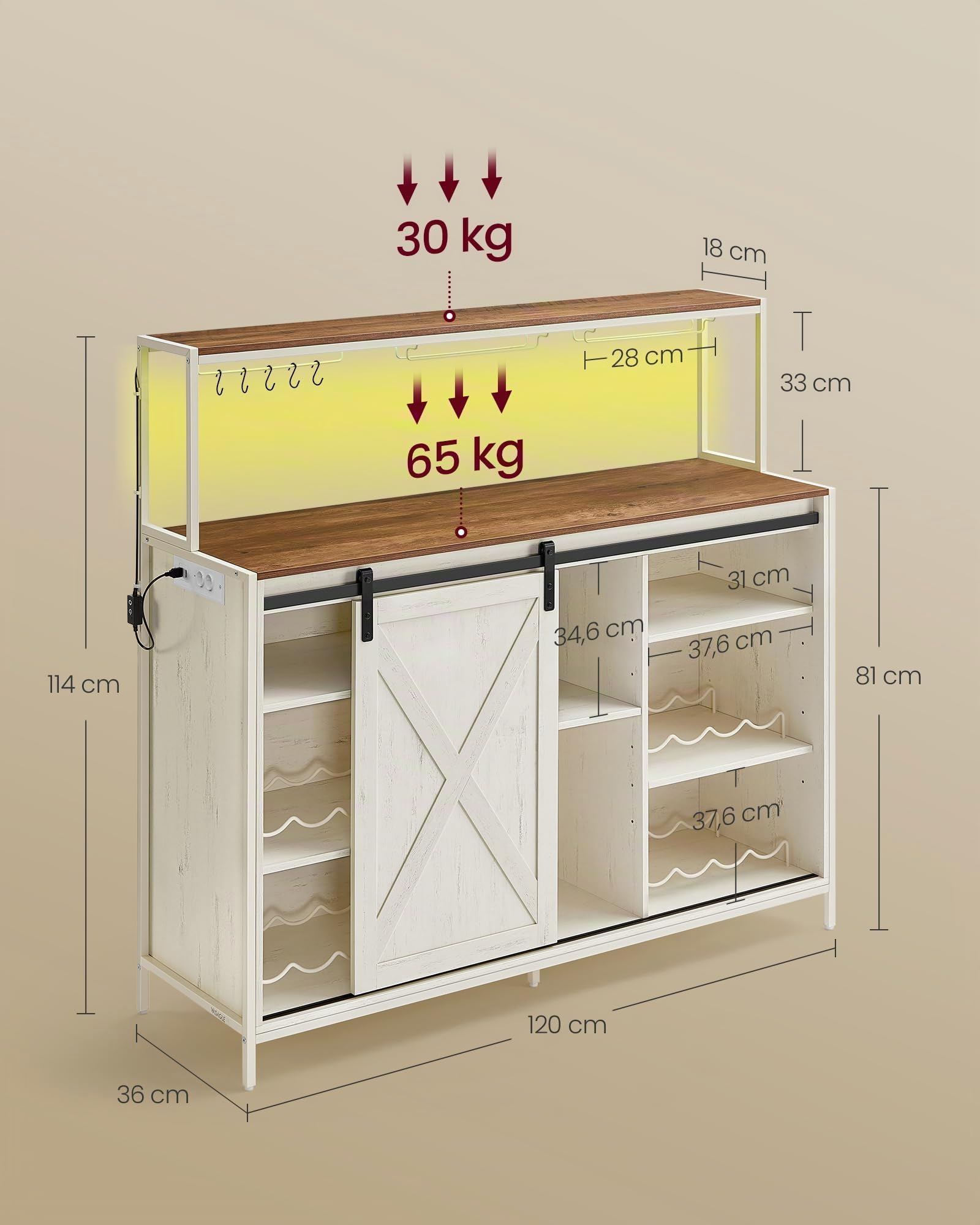 VASAGLE Mobile Bar da Caffè con Multipresa, LED a Comando Vocale, Credenza con Anta Scorrevole, Ganci a S, Portacalici da Vino, Portabottiglie, Bianco Rustico e Marrone Miele LSC201WJ02