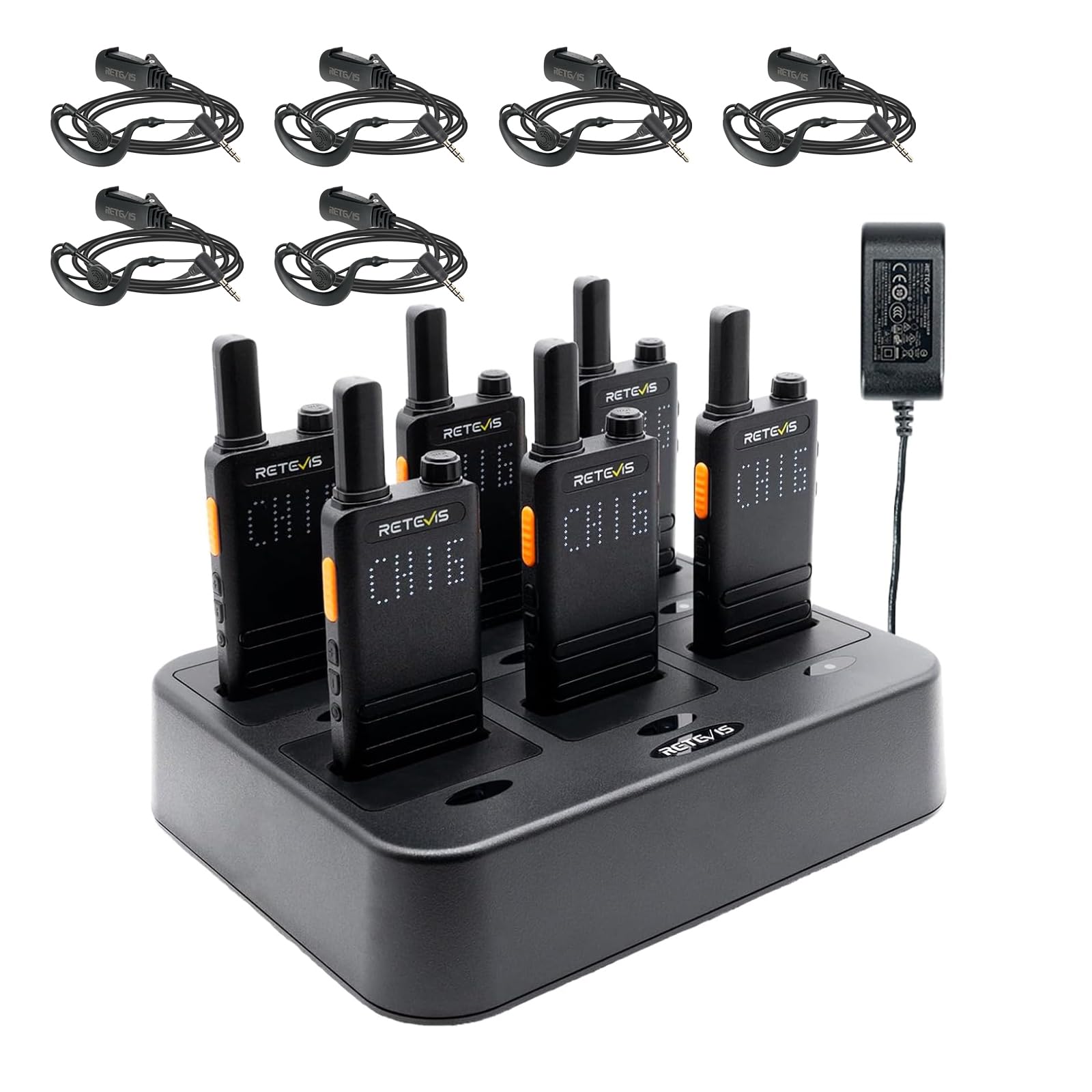 (3nd Gen RT22) Retevis B3H Walkie Talkies Rechargeable, Ultra Slim, 2 Way Radio with Earpiece, 6 Way Multi Unit Charger, 1620 mAh Battery, LED Display, Business Two Way Radio for Retail Store (6 Pack)