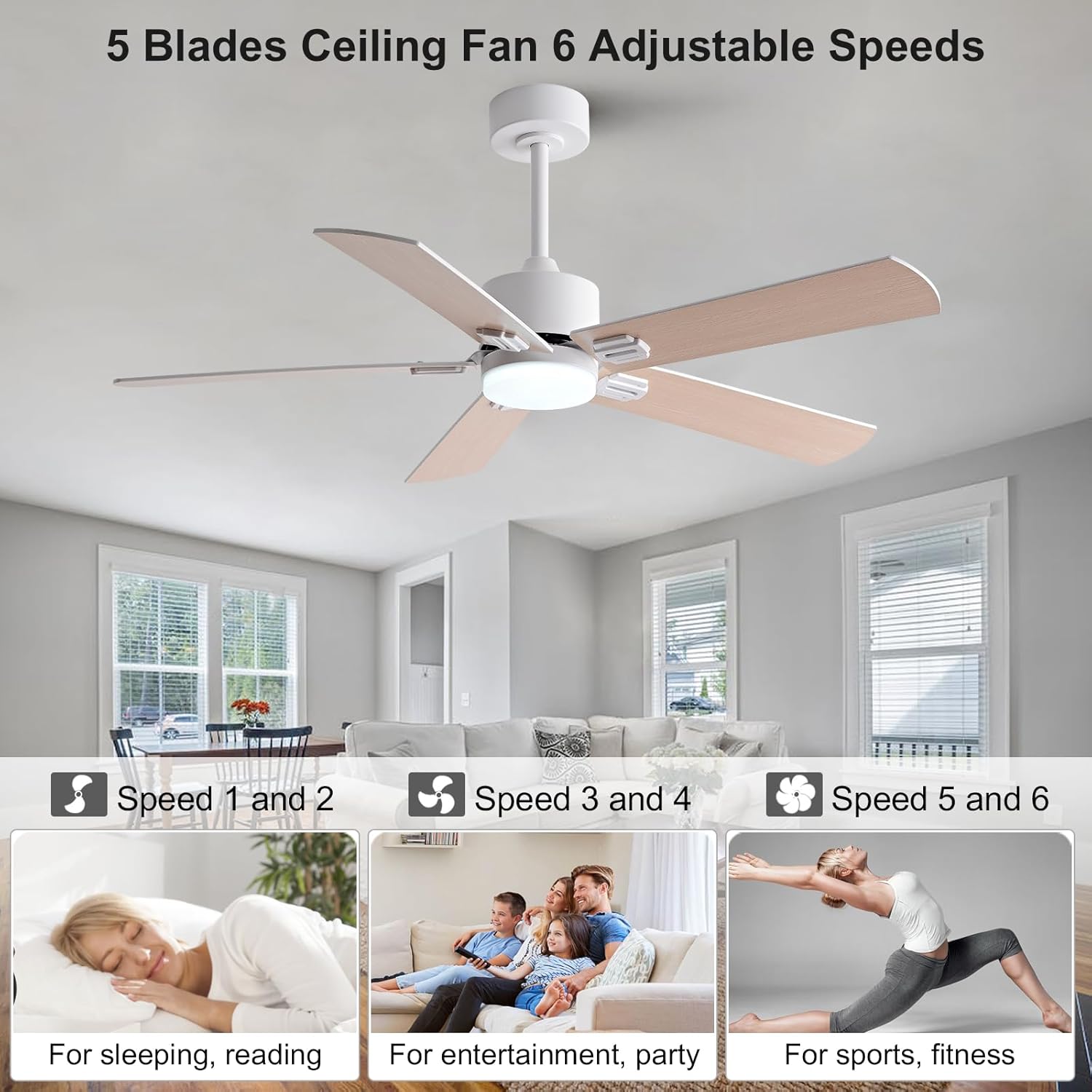 42 Inch Ceiling Fans with Lights and Remote,Modern White Ceiling Fan with Light for Indoor Bedroom,5 Blades,Dimmable LED Light,Reversible 6 Speeds,Memory Function,Quiet DC Motor