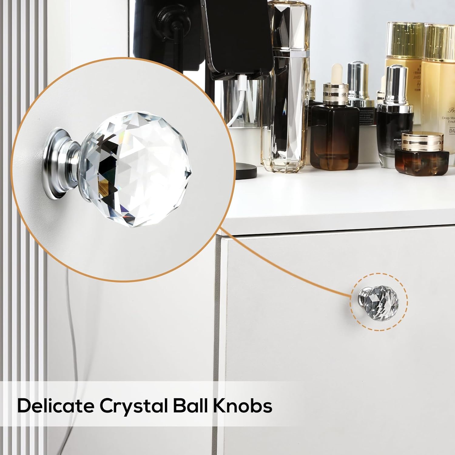 SMOOL Vanity with Lighted Mirror, Makeup Vanity Desk with Power Outlet and LED Bulbs, 3 Color Lighting Modes Adjustable Brightness, 7 Drawers Vanity Table with Cushioned Stool for Bedroom, White