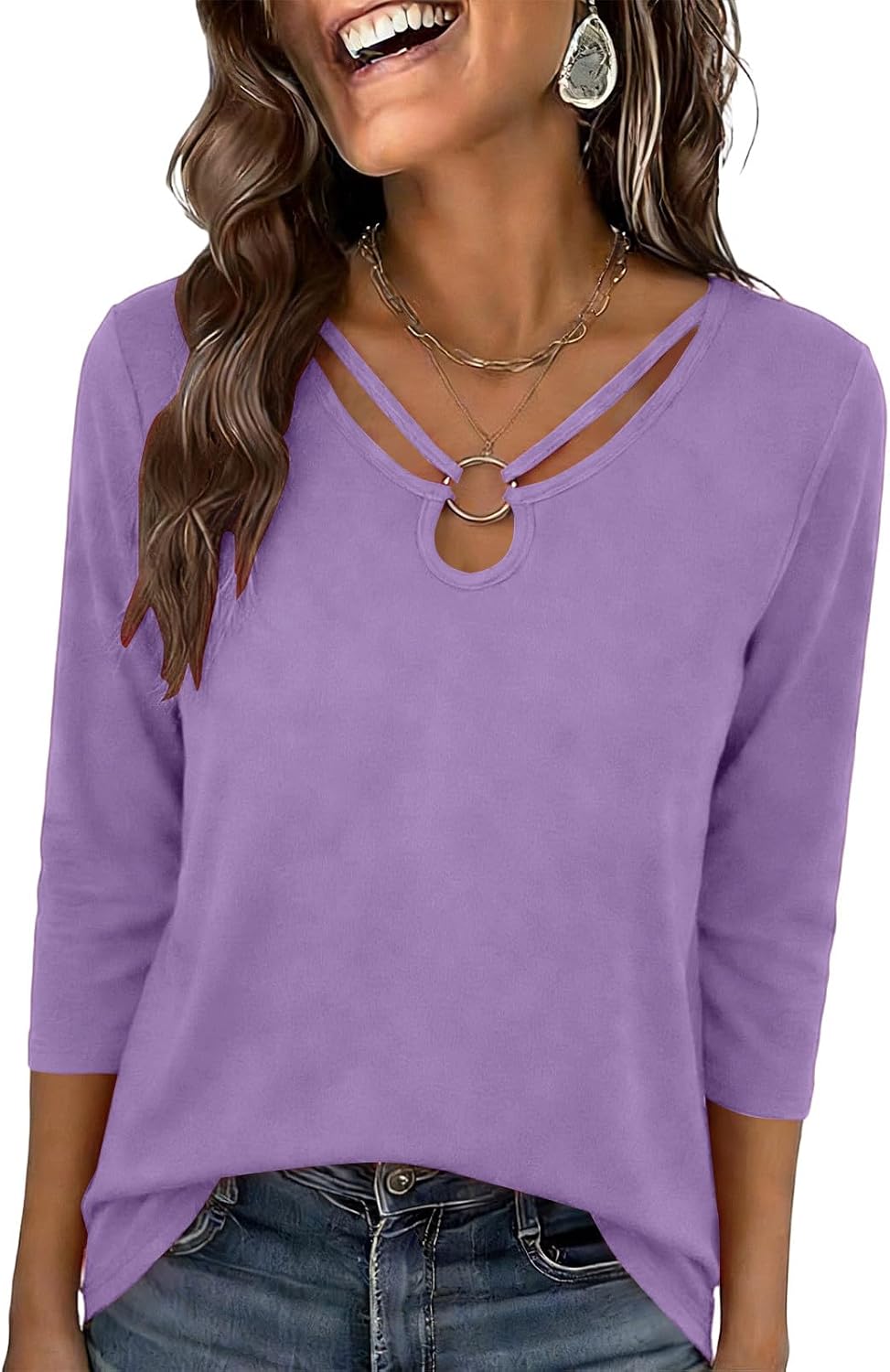 Women's 3/4 Sleeve Top Casual Cutout Loose Fit Summer Basic Tee Solid Color V Neck Fashion Shirts Going Out Clothes