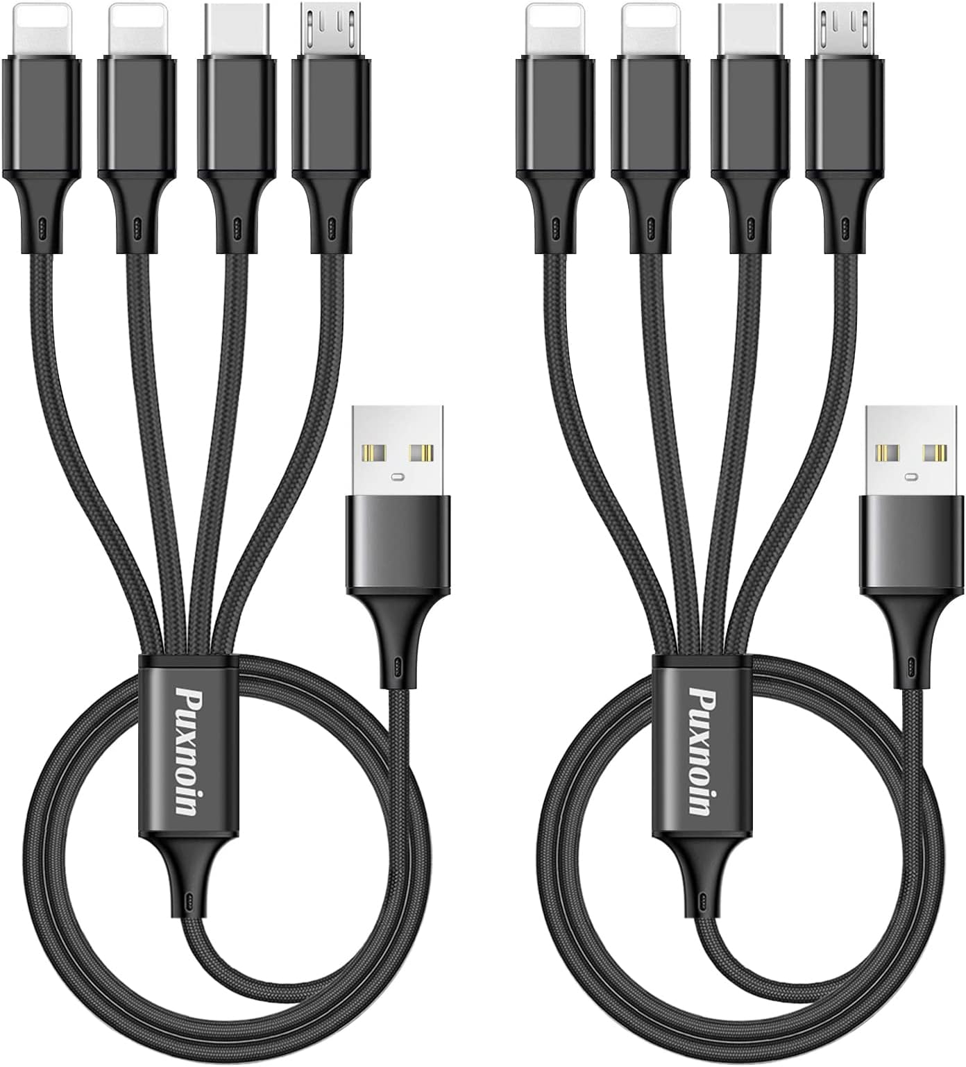 Puxnoin Multi Charging Cable, 2Pack 4FT 4 in 1 Charging Cable for Multiple Devices, Braided Universal Phone Charger Cord with Type-C, Micro USB, IP Port for iPhone16/15/14/Android Phones and More