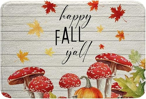Fall Bath Mat for, Mushroom Pumpkin Maple Leaves Bath Carpets, Grey Wooden Plank Rugs, Non Slip Plush, 32x20In