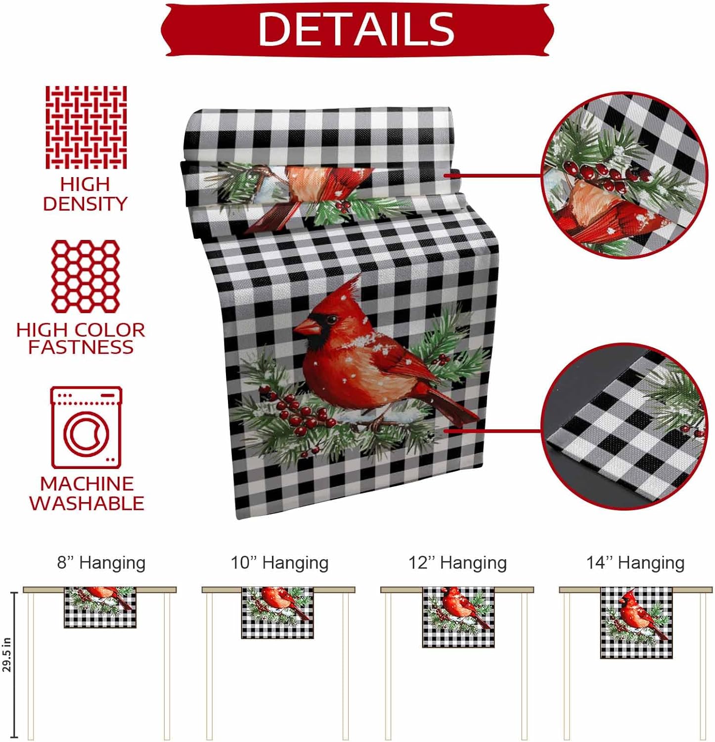 Christmas Table Runners Red Cardinals Table Runner Dresser Scarves Non-Slip Table Cloth Decorations for Holiday Dinner Parties White Black Buffalo Check Plaid Christmas Runner 13x120 inches