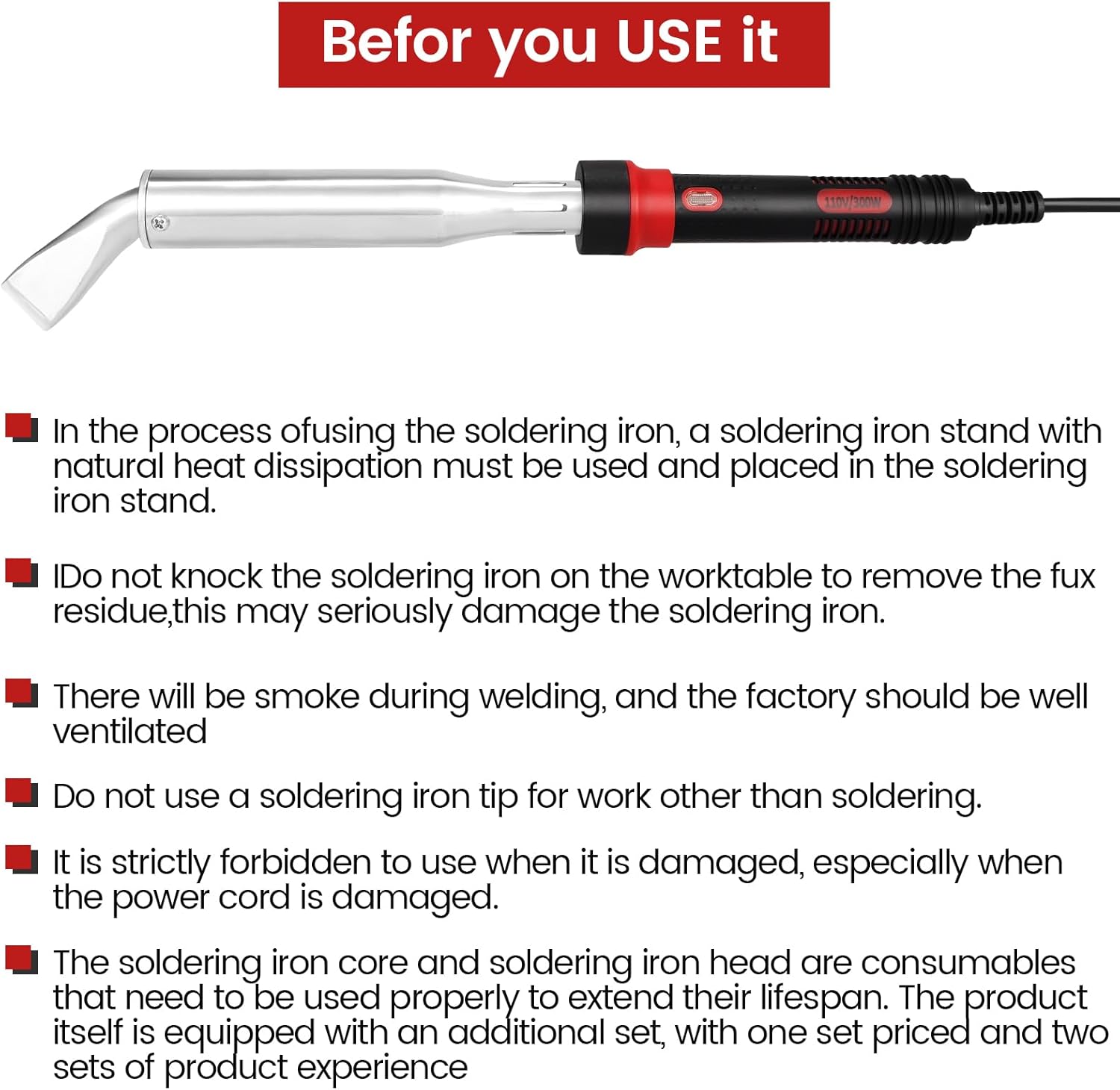 300W High Power Soldering Iron Kit 110V US Plug, Industrial Grade External Heating Soldering Iron with Replacement Tip, Heating Core & Stand for Metal Welding & DIY