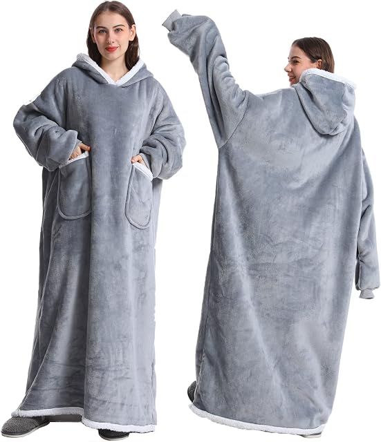 Kseyic Oversized Blanket Hoodie,Sherpa Fleece Hoodie Blanket,Soft Warm Wearable Blanket For Adult Women Men Teens Boys Girls (Grey, 120cm)
