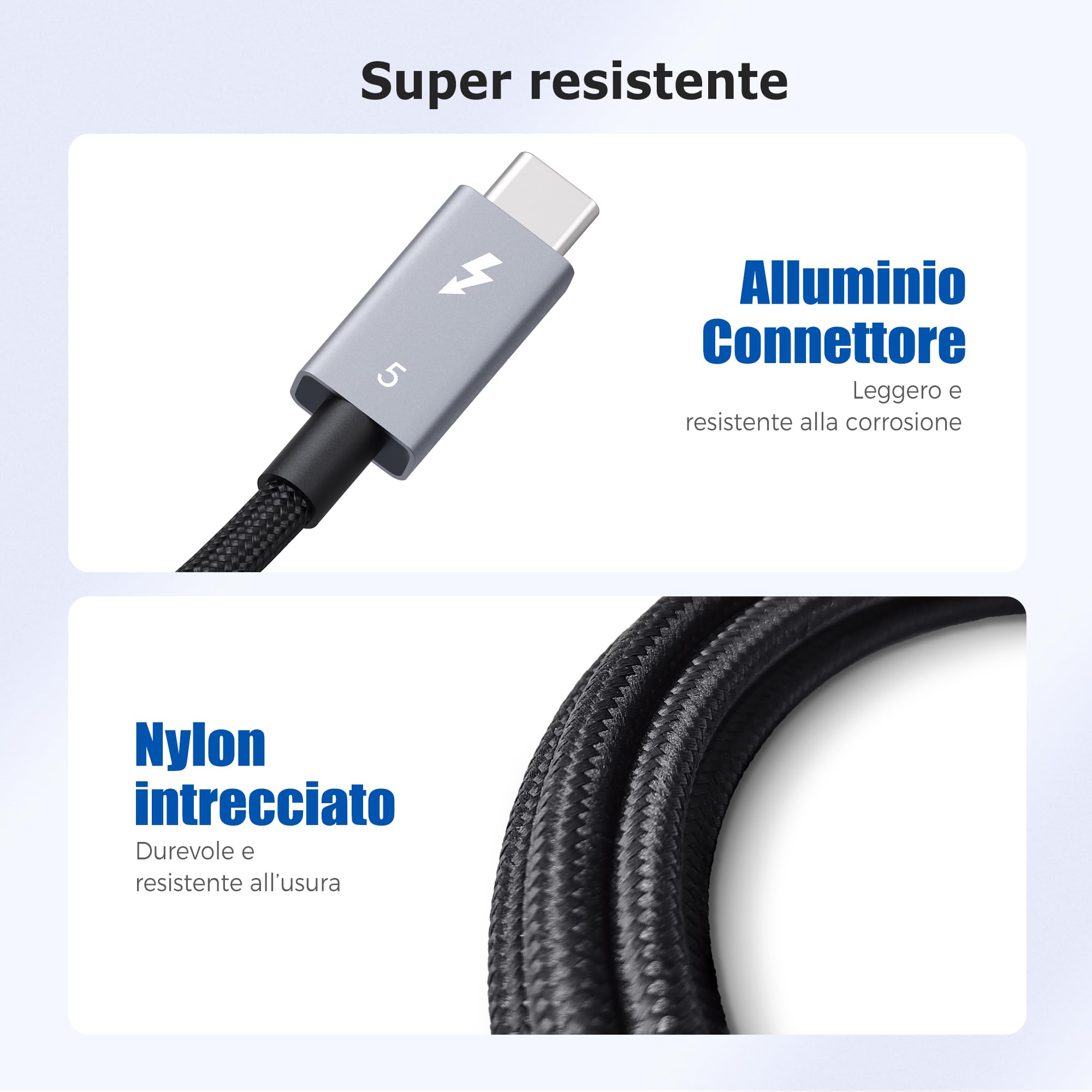 Cable Matters [Certificato Intel] Cavo Thunderbolt 5 intrecciato da 80 Gbps con aumento della larghezza di banda fino a 120 Gbps e ricarica da 240W - 1m, compatibile con Thunderbolt 4/3, USB4 e USB-C
