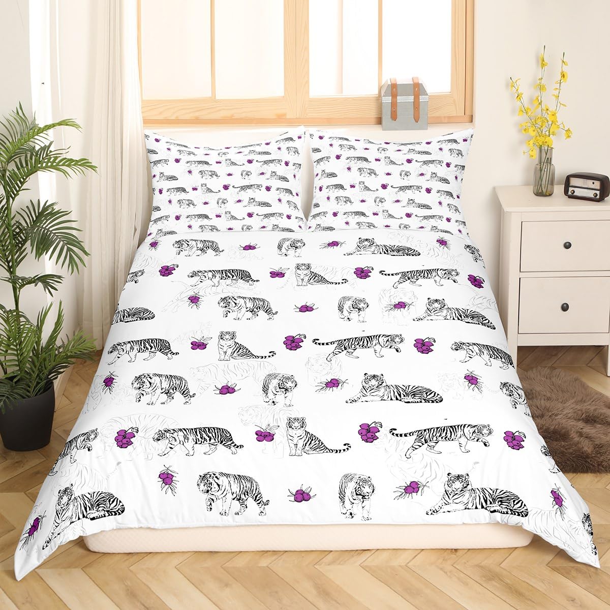 richhome Tiger Sketch Bed Set for Boys Girls,Jungle Wild Animal Comforter Cover for All Season,Purple Fruits Rustic Plant Ultra Soft Bedding Set Quilt Cover King Size 3 Pieces โ image 1