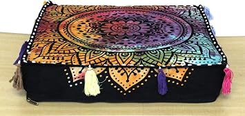 ICC Large Square Cotton Mandala Cushion Cover Hippie Ottoman Pouf Cover Daybed Floor Pillow Cover with Heavy Duty Zipper Seating Ottoman Poufs Dog-Pets Bed Multi Flower, 18" Square