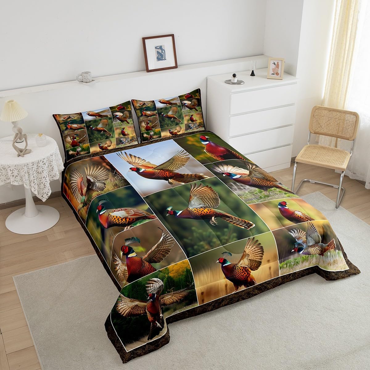 Pheasant Comforter Set Queen Size Hunting Turkey Bedding Set Wildlife Bird Pheasant Down Comforter Farmhose Bird Chicken Bedroom Decor Lightweight Bedding Comforters & Sets For Children Teens