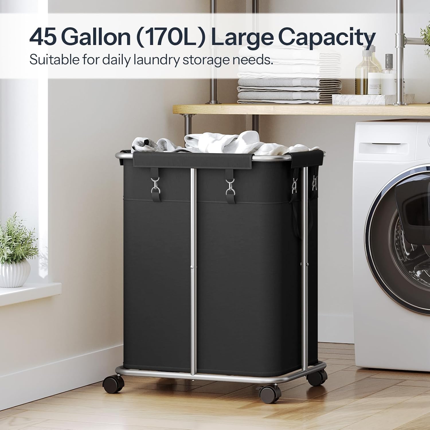 HOOBRO 170L Laundry Basket with Wheels, 45 Gallons Rolling Laundry Hamper, Narrow Slim Laundry Sorter with Removable Oxford Fabric Bag, Laundry Room, Dorm Room, Bedroom, Black BB05XY01