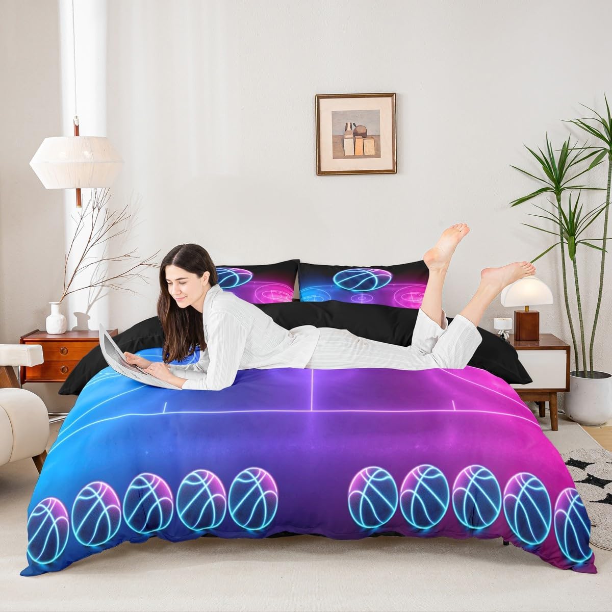 Glowing Basketball Duvet Cover Neon Gradient Basketball Court Bedding Set Boys Sport Gaming Comforter Cover for Teens Girls Kids Blue and Pink Bedroom Decor Ball Games Bed Set King Size (No Comforter) image 3