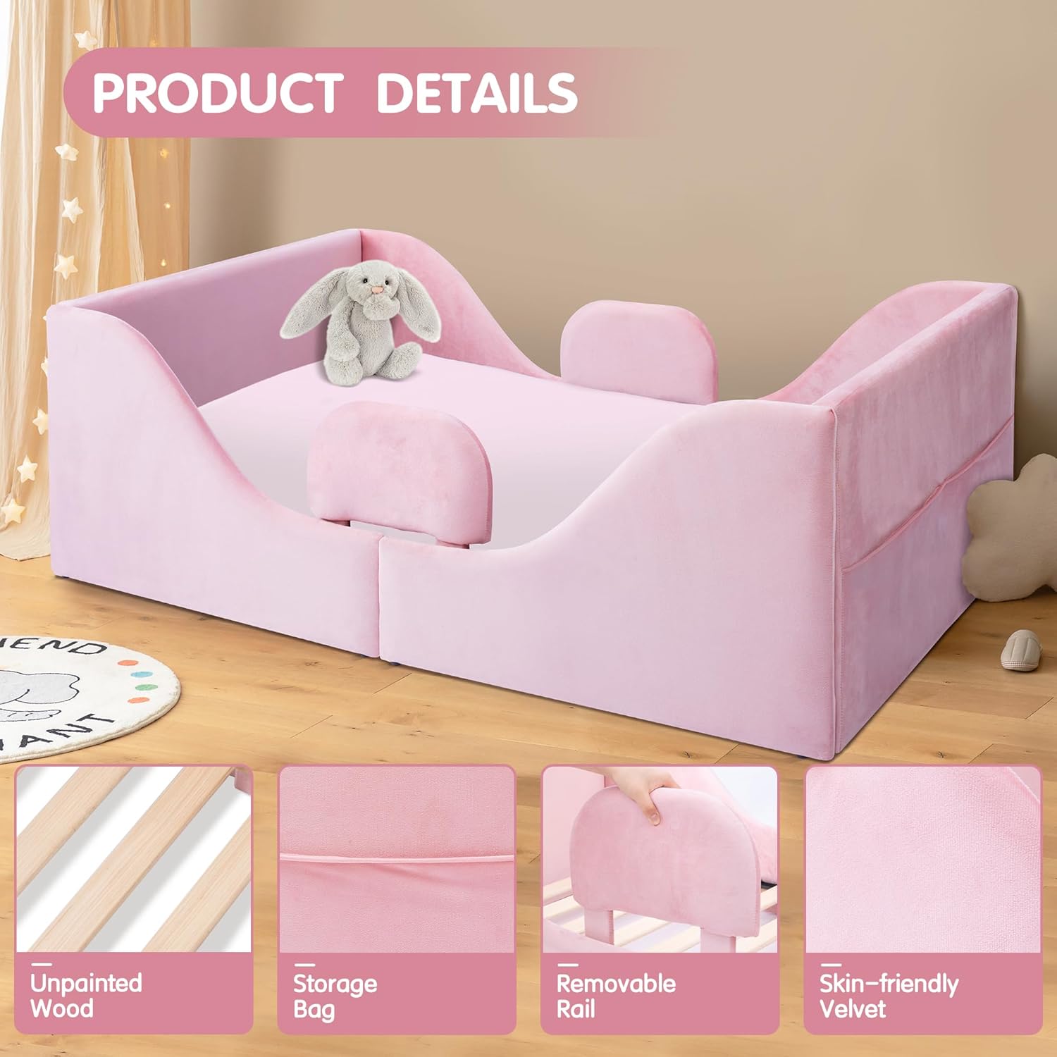 Toddler Bed, Child Bed for Kids with Safety Rails, Standard Crib Size Toddler Bed Frame for Kids 1-7 Years, Certified Soft Velvet Montessori Bed (Pink)