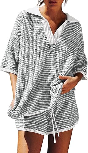 Tankaneo Womens Sweater Set 2 Piece Outfits Oversized 3/4 Sleeve V Neck Knit Tops High Waisted Shorts Lounge Sets