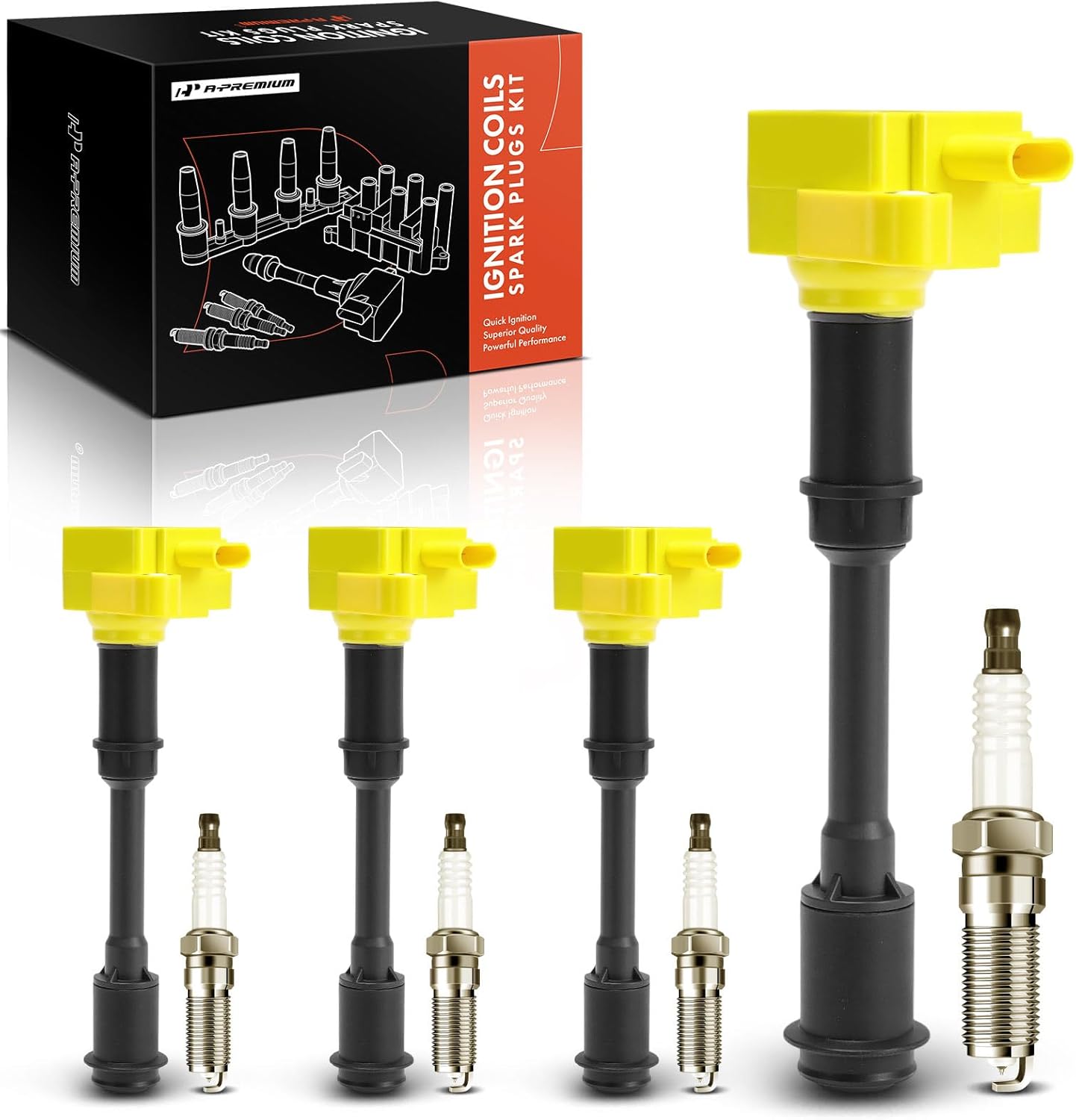 A-Premium (Yellow) Set of 8 Ignition Coil Pack and Iridium Spark Plugs Compatible with Ford Escape 2013-2016, Fusion 2013-2014, Transit Connect 2014-2016, Fiesta 2014-2019, 1.6L