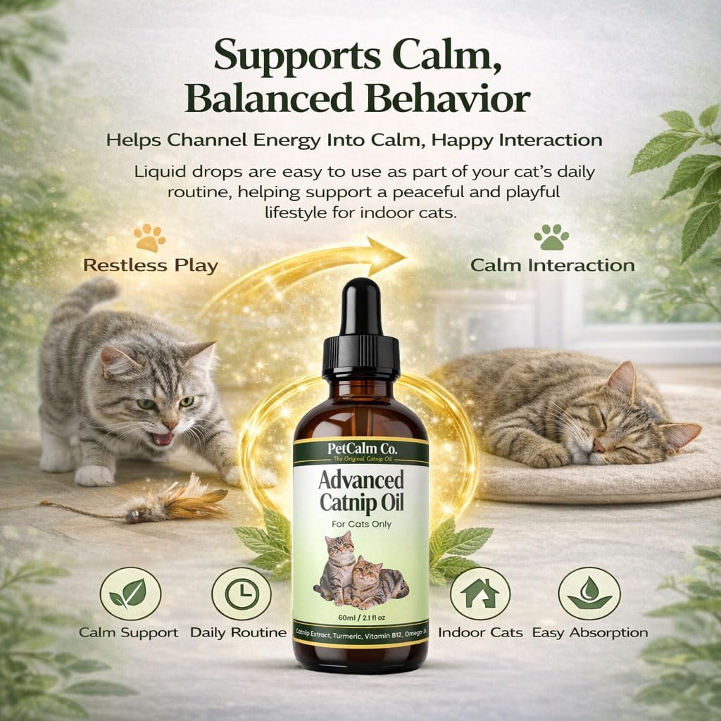 Advanced Catnip Oil for Cats - Lickable & Playable Formula to Promote Calm Behavior and Relaxation - Potent Liquid Extract for Food, Toys & Training - 2 fl oz,60ml