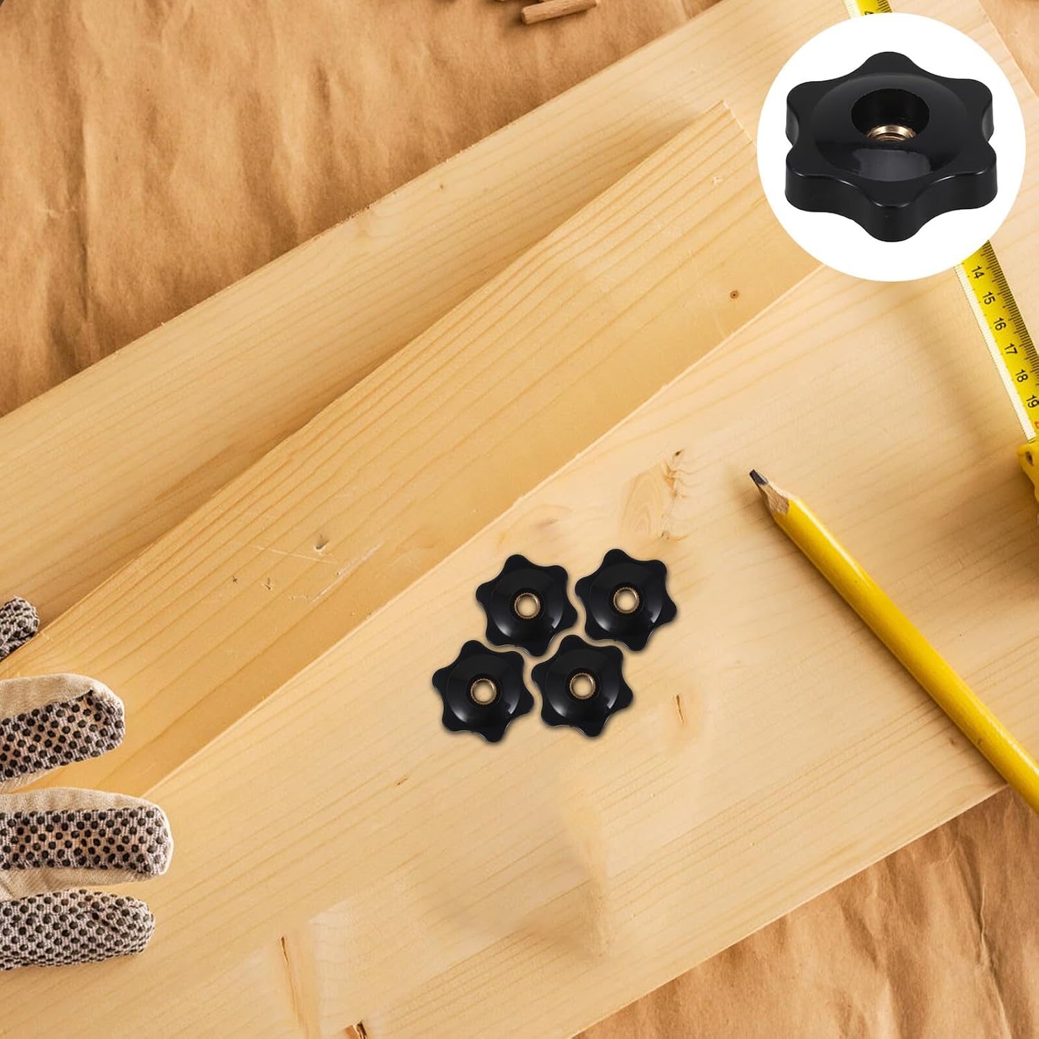 12pcs 1/4" Black Star-Shaped Threaded Knurled Clamping Knobs Through Hole, Female Thumb Nut Handles for Industrial Machinery and Equipment