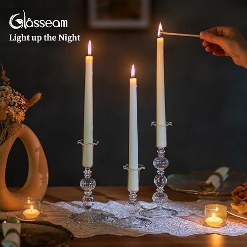 Miniatura 3 de Glasseam Portavelas cónicos de vidrio juego de 3 candelabros transparentes decorativos con Bobeche modernos candelabros cónicos acanalados para