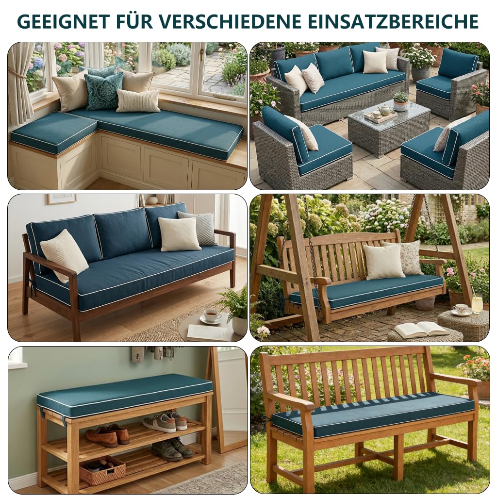 Cuscino per Panca da Esterno Impermeabile 5cm, Seduta Alta Densità per Panchina Giardino e Dondolo, Materassino Antiscivolo Sfoderabile con Lacci, per Veranda e Interno,No14,140x30x5cm