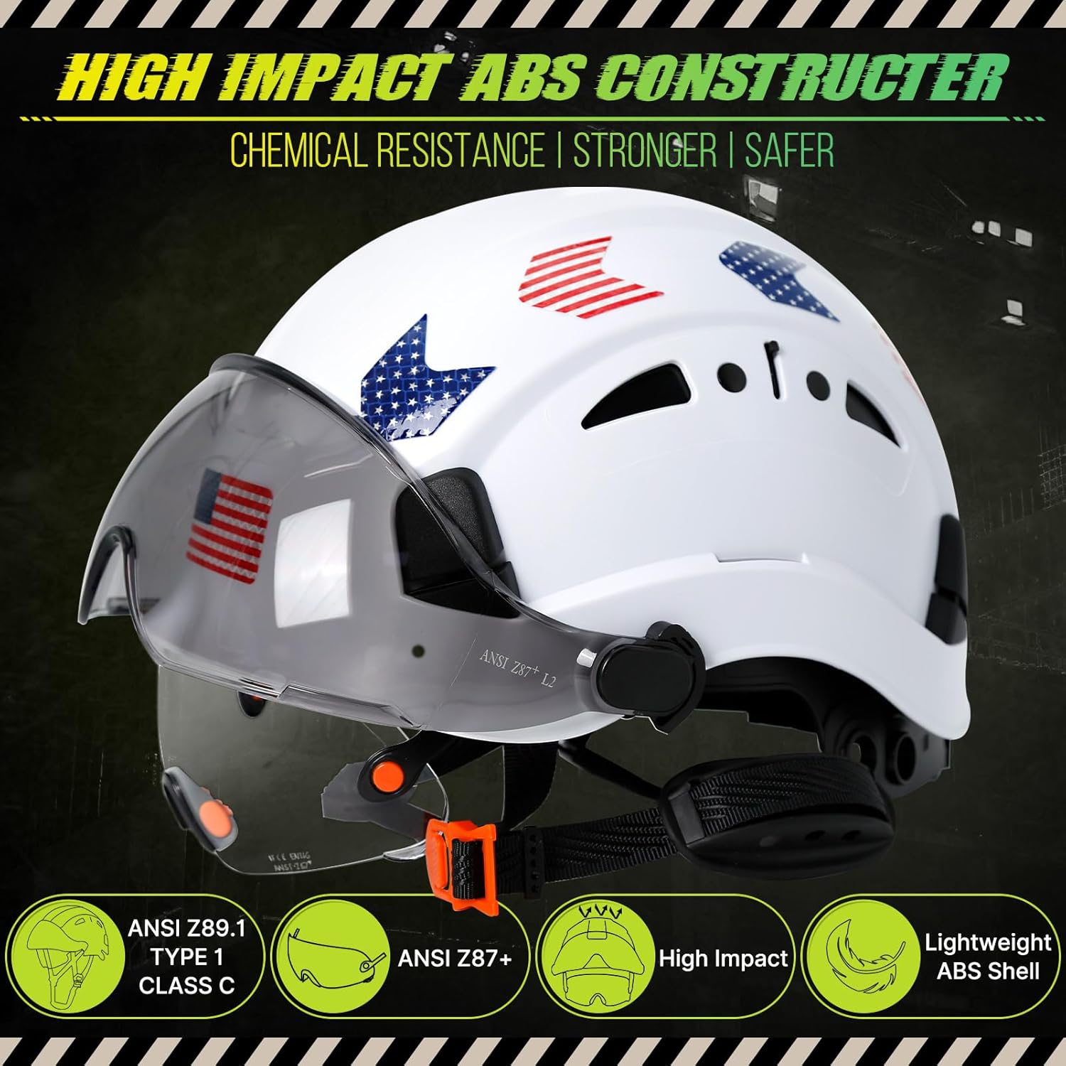 Hard Hats Construction OSHA Approved With Double Visor - Cascos De Construccion Vented Hard Hat With Clear and Tinted Visor Construction Safety Helmet Hat With Chin Straps 6pt Suspension - Image 2