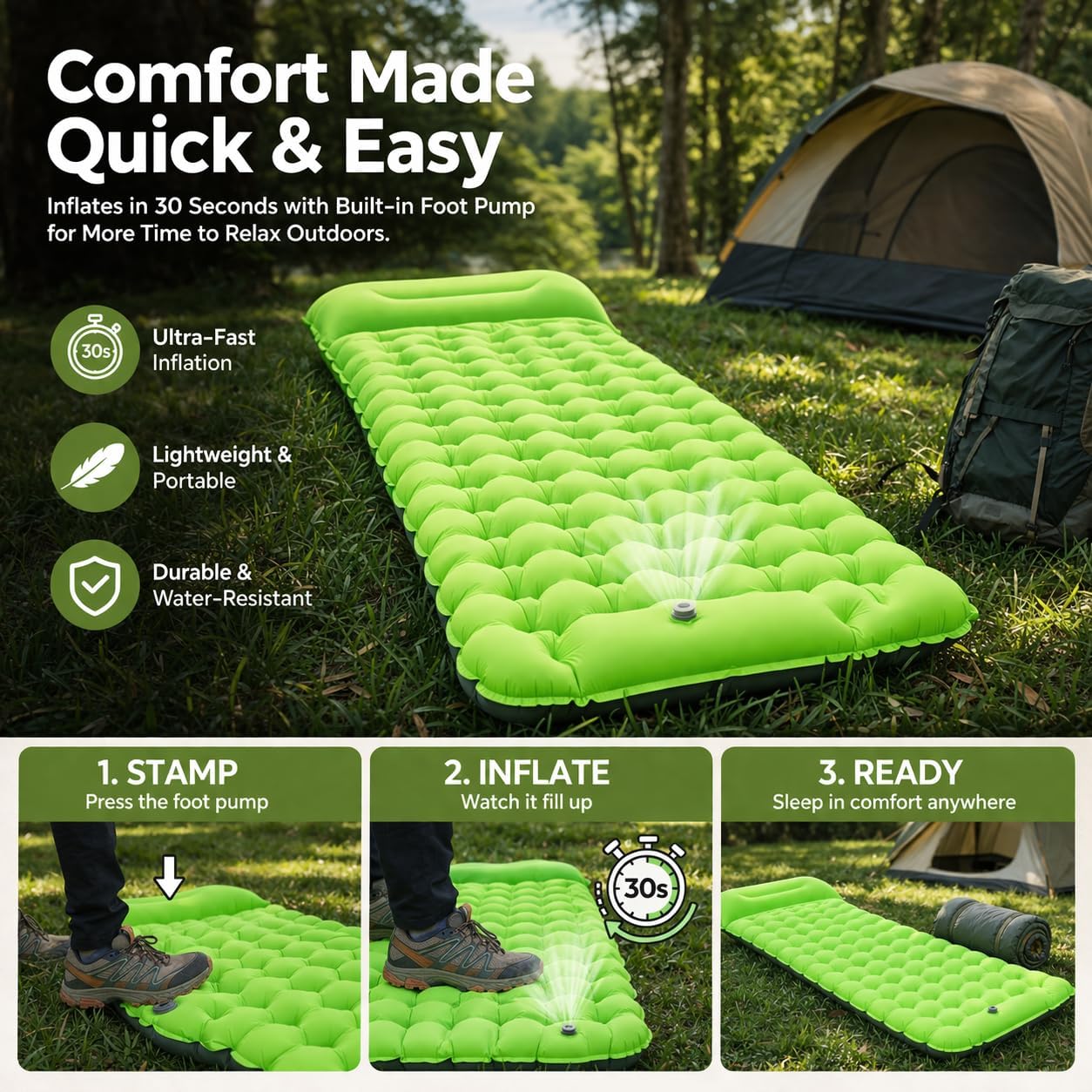 Lounge Mat - Your Portable Chill Zone, Thick Memory Foam Sleeping Pad for Outdoor Camping, Self Inflating Travel Air Mattress with Pump, Folding Backpacking Bed for Mat Hiking & Travel (Orange)