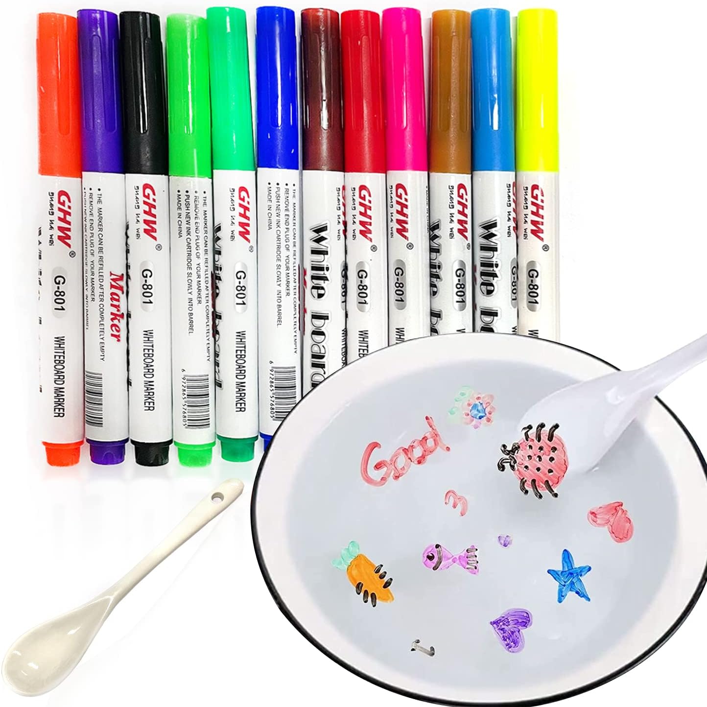 CQQNIU 12-color water brush, floating marker pen in water for painting, children's dry-erase graffiti multi-purpose water-painting pen educational toy (free 1 spoon)