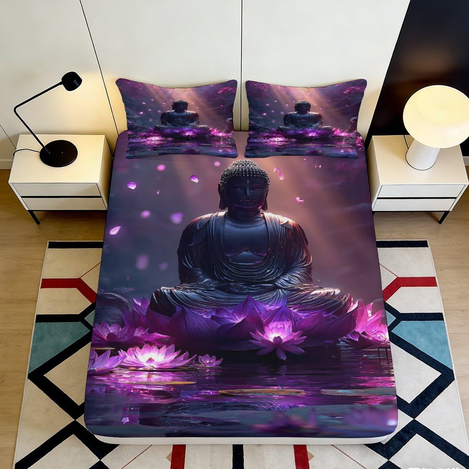 3D Printed Purple Lotus Buddha Fitted Sheet Microfiber Soft Breathable 3D Printed Meditation Bed Cover for Bedroom Dormitory Guest Room Mattress Protection 160x200x25cm