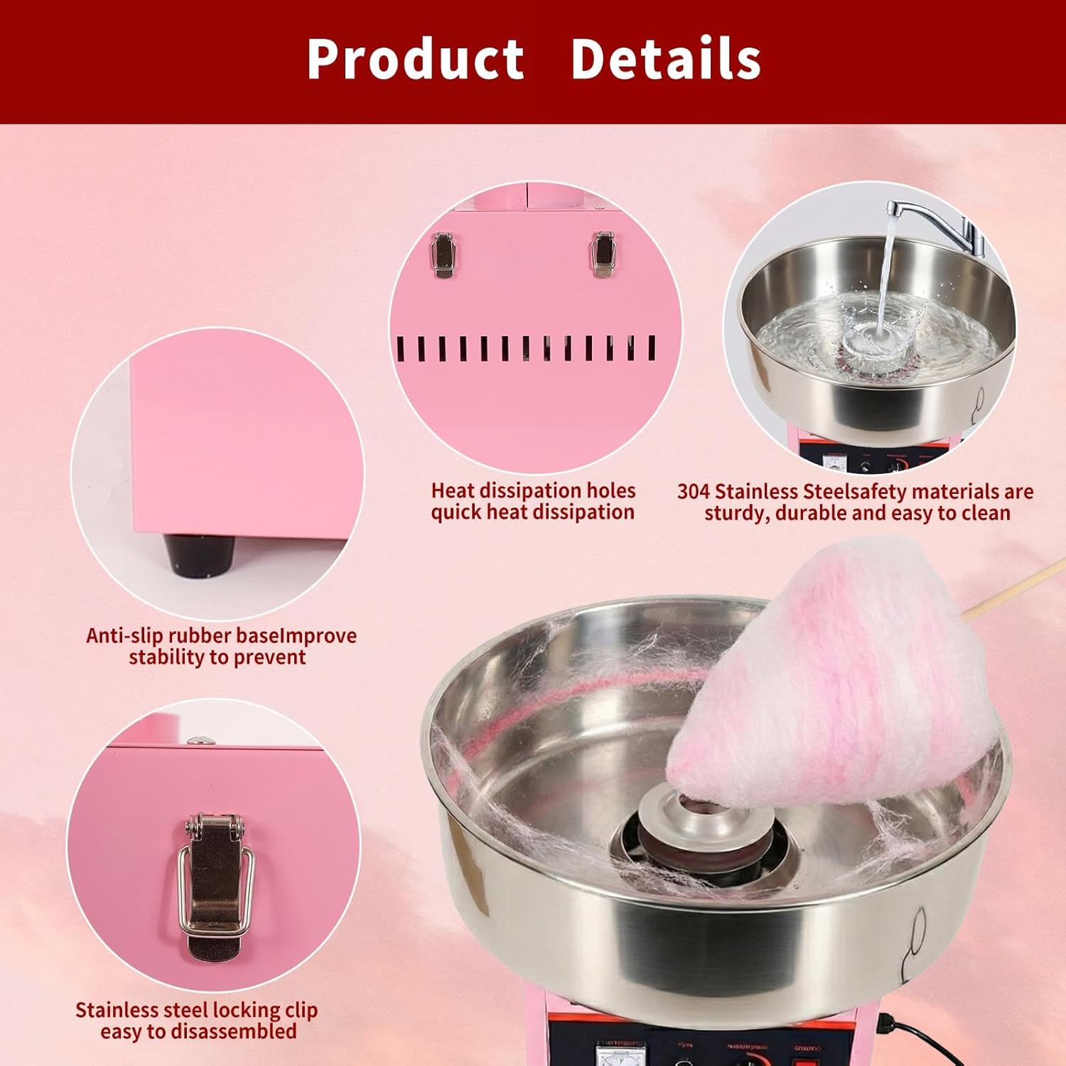 1000W Electric Cotton Candy Machine Cart, Mobile Candy Floss Maker with 20 inch Stainless Steel Bowl, Sugar Scoop and Drawer, for Carnival, Home and Kids Birthday, Pink (No Wheels)