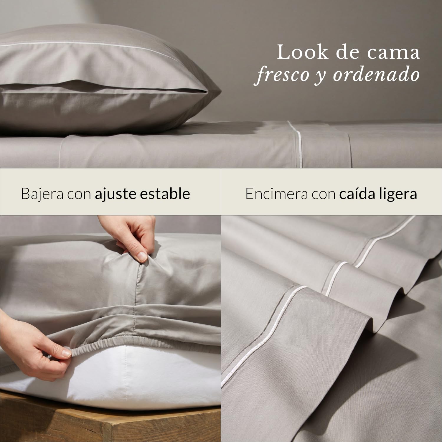 Flow – Pack 3 Juego de Sabanas Percal – Sabana Bajera 135x200x30 Cm Grey – Sabana Encimera 210 x 280 Cm y Fundas Almohadas 45 x 135 Cm, 100% Algodon Fresco 180 Hilos, Oeko-Tex®