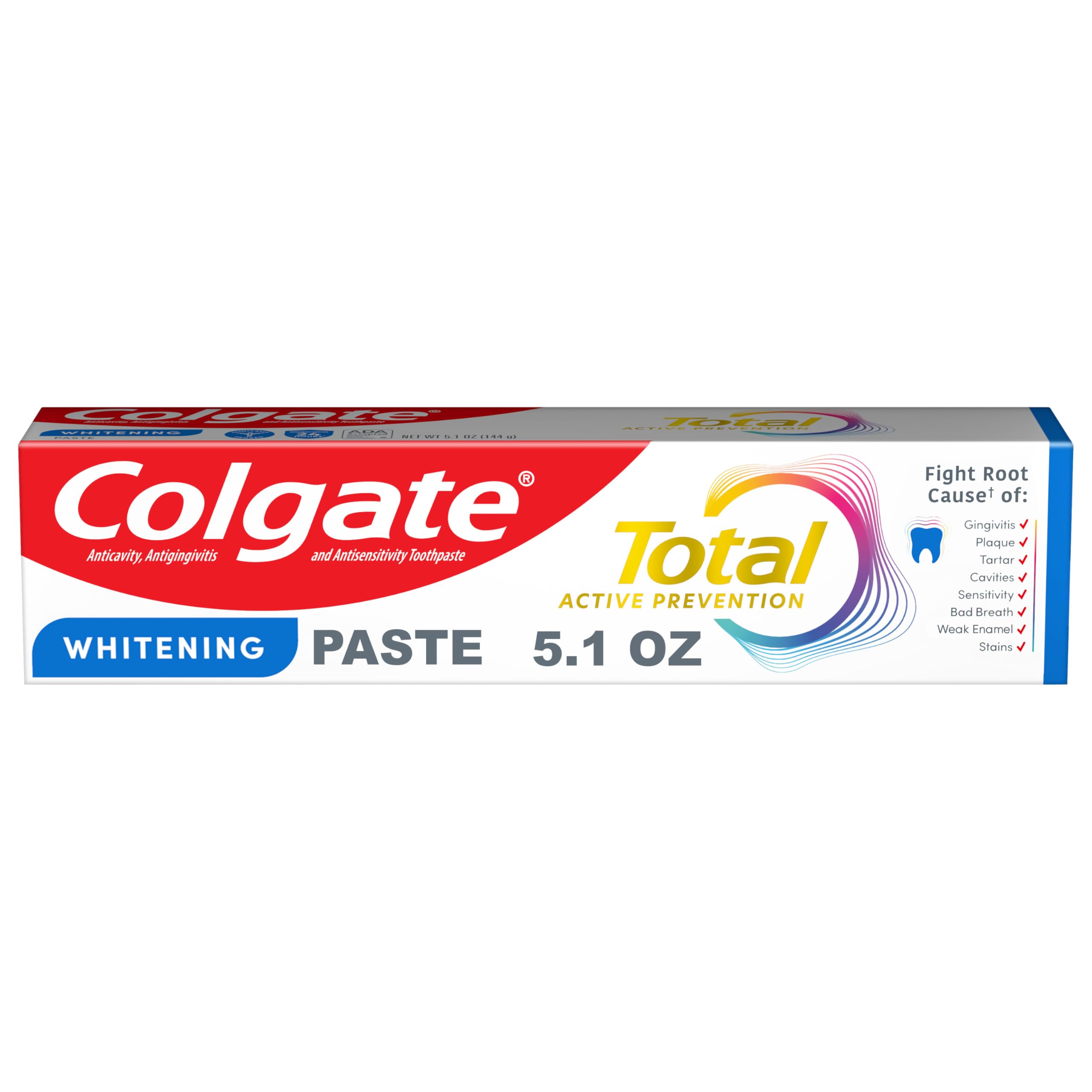 Colgate Total Active Prevention Whitening Toothpaste, Whitening Fluoride Toothpaste, Clinically Proven Formula Fights Plaque Bacteria, Mint, 5.1 oz