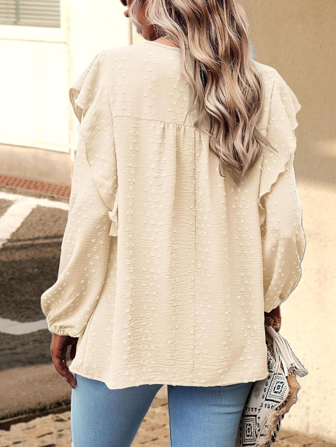 SKVON Womens Boho Tops Long Sleeve Ruffle Peasant Swiss Dot Flowy Blouses Tunic Dressy Casual Crochet Loose Fit Shirts 2025 - Image 5