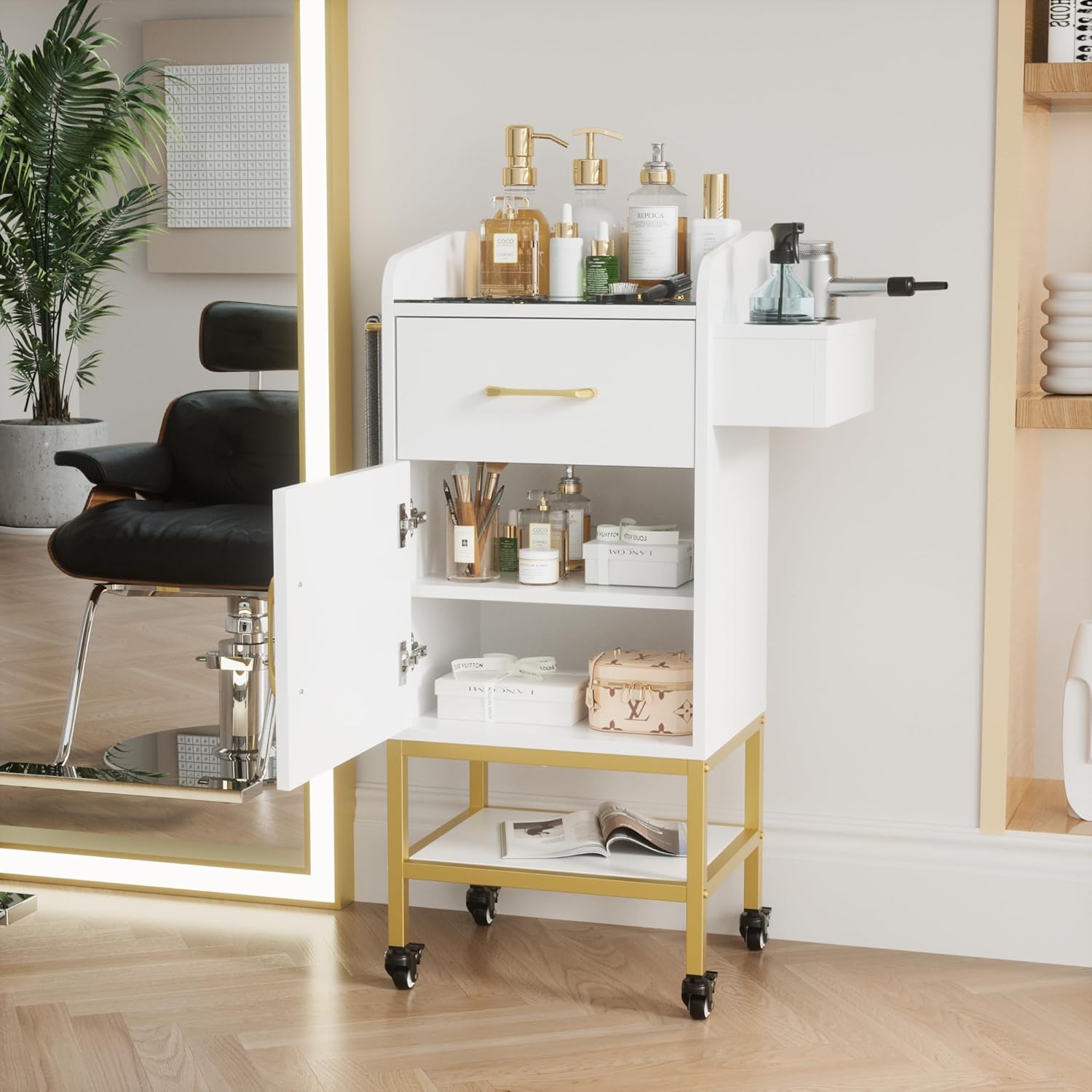 Salon Station, Glass Top Trolley Cart Beauty Storage Cabinet White Rolling Hair Stations for Stylist with Lockable Wheels, Drawer, Cabinet.Barber Salon Beauty Furniture
