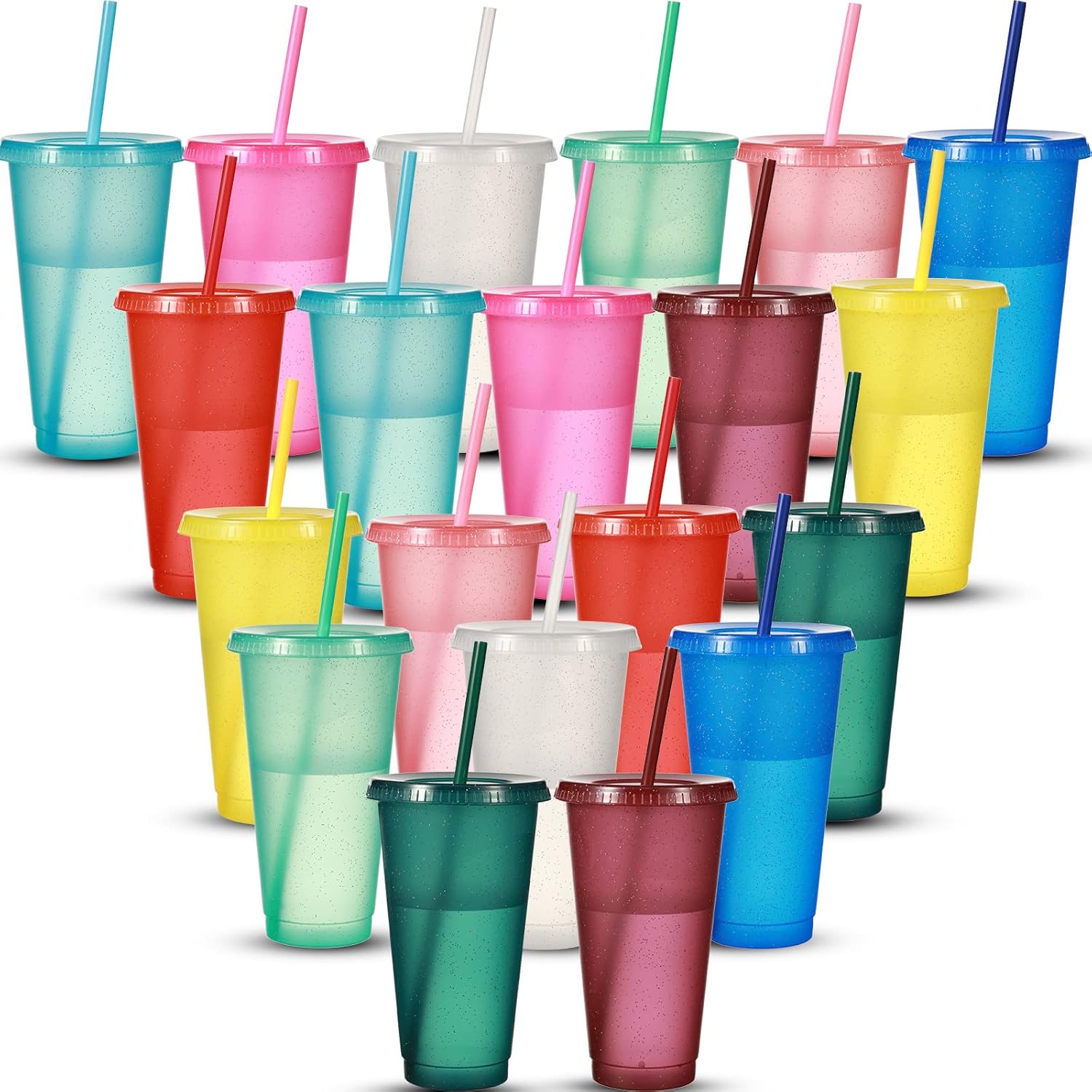 Suclain 24 oz Reusable Cups with Lids and Straws Plastic Tumbler with Straw and Lid Glitter Tumbler Iced Coffee Cup Travel Mug Water Bottle for Smoothie Party Birthday(Assorted Color,20 Pack)