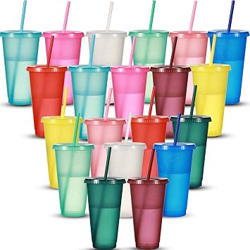 Suclain 24 oz Reusable Cups with Lids and Straws, Assorted Color, 20 Pack
