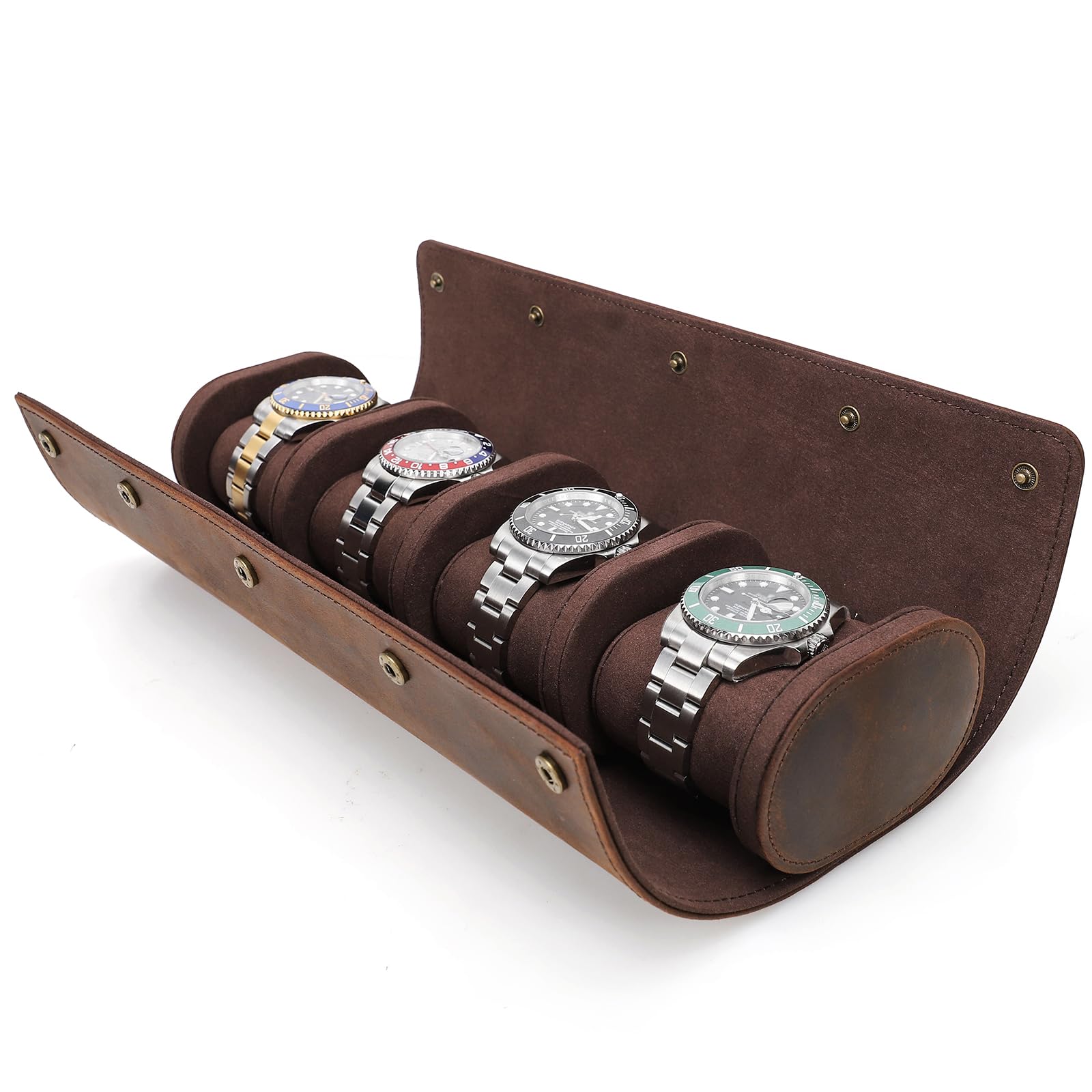 HVMBEUGOS Watch Storage Box, Genuine Leather 4 Slot Watch Protective Roll Case, Organizer for Jewelry Watch with Removable Cushion Pillows (Coffee)