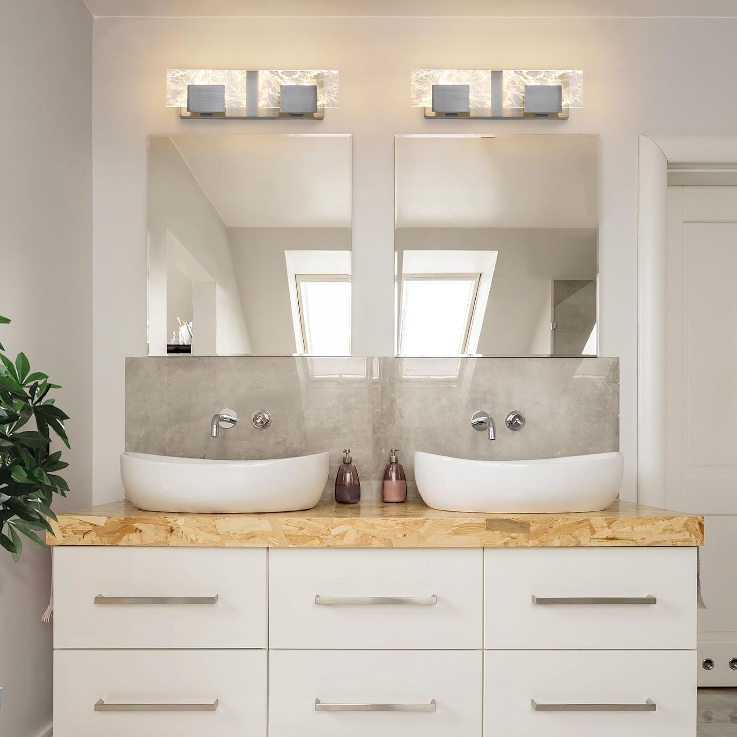 LED Bathroom Vanity Light: 16 Inch Brushed Nickel Acrylic Modern Lighting Fixtures - 2-Lights Contemporary Smoke Design Wall Lights Fixture Over Mirror 3000K
