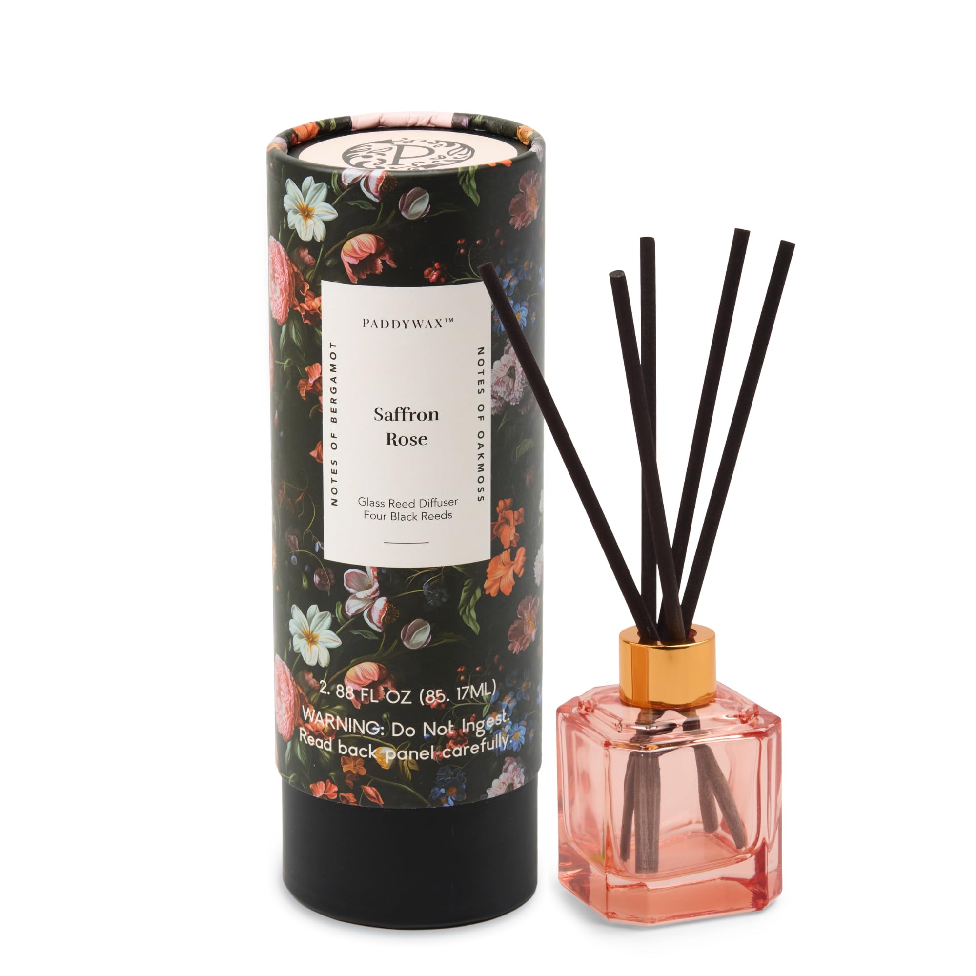Paddywax Botanica Scented Oil Diffuser with Reeds in Reusable Pink Glass Bottle, Tubed Gift Box, Includes Diffuser Sticks, Long-Lasting Fragrance, Reusable & Upcyclable, Saffron Rose, 2.8 fl oz