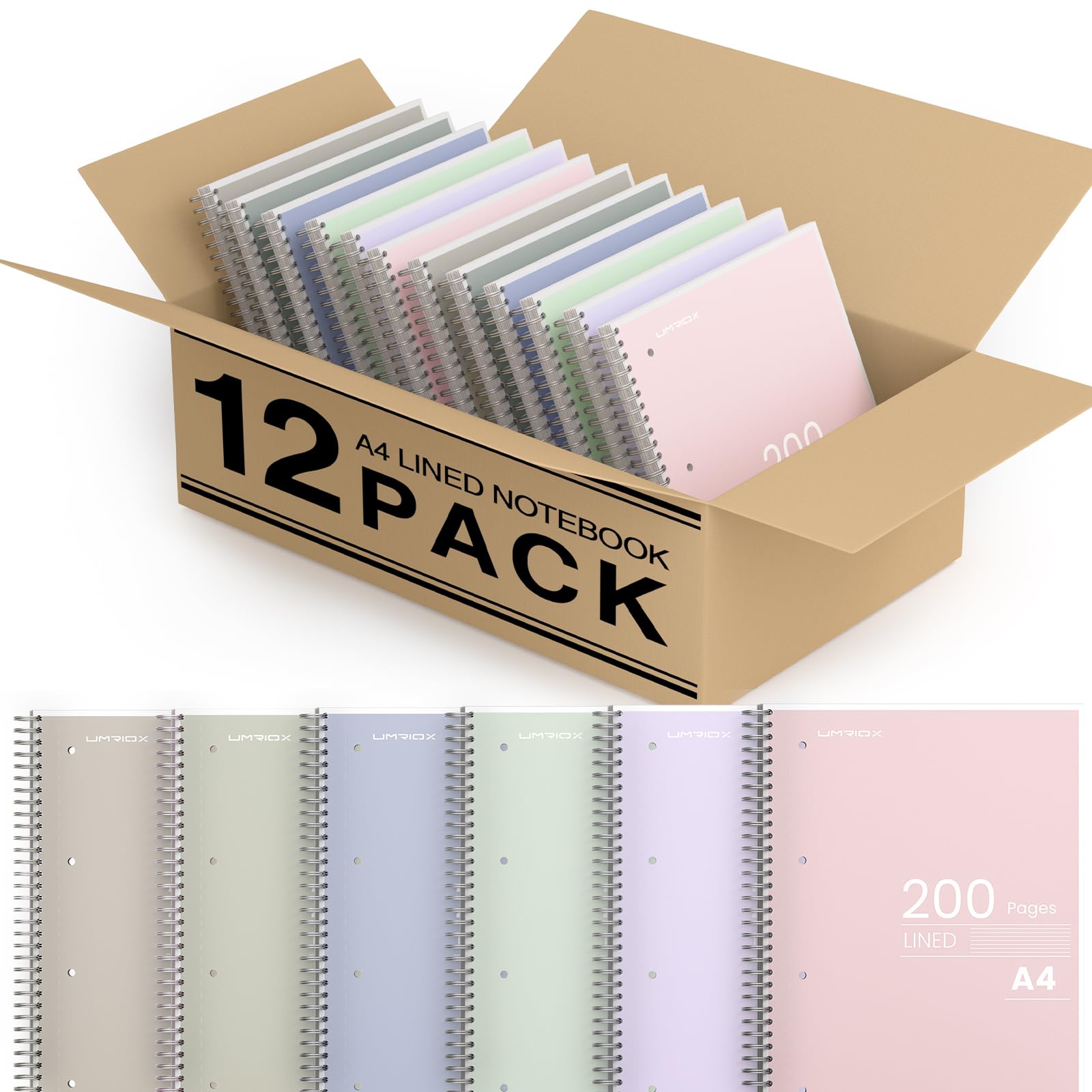 Umriox 12 Pack Notebook A4,8mm Lined with Margin, 200 Pages Wirebound Notebook with 4-Hole Punch Margins, Easily Tear Off - Morandi Colors