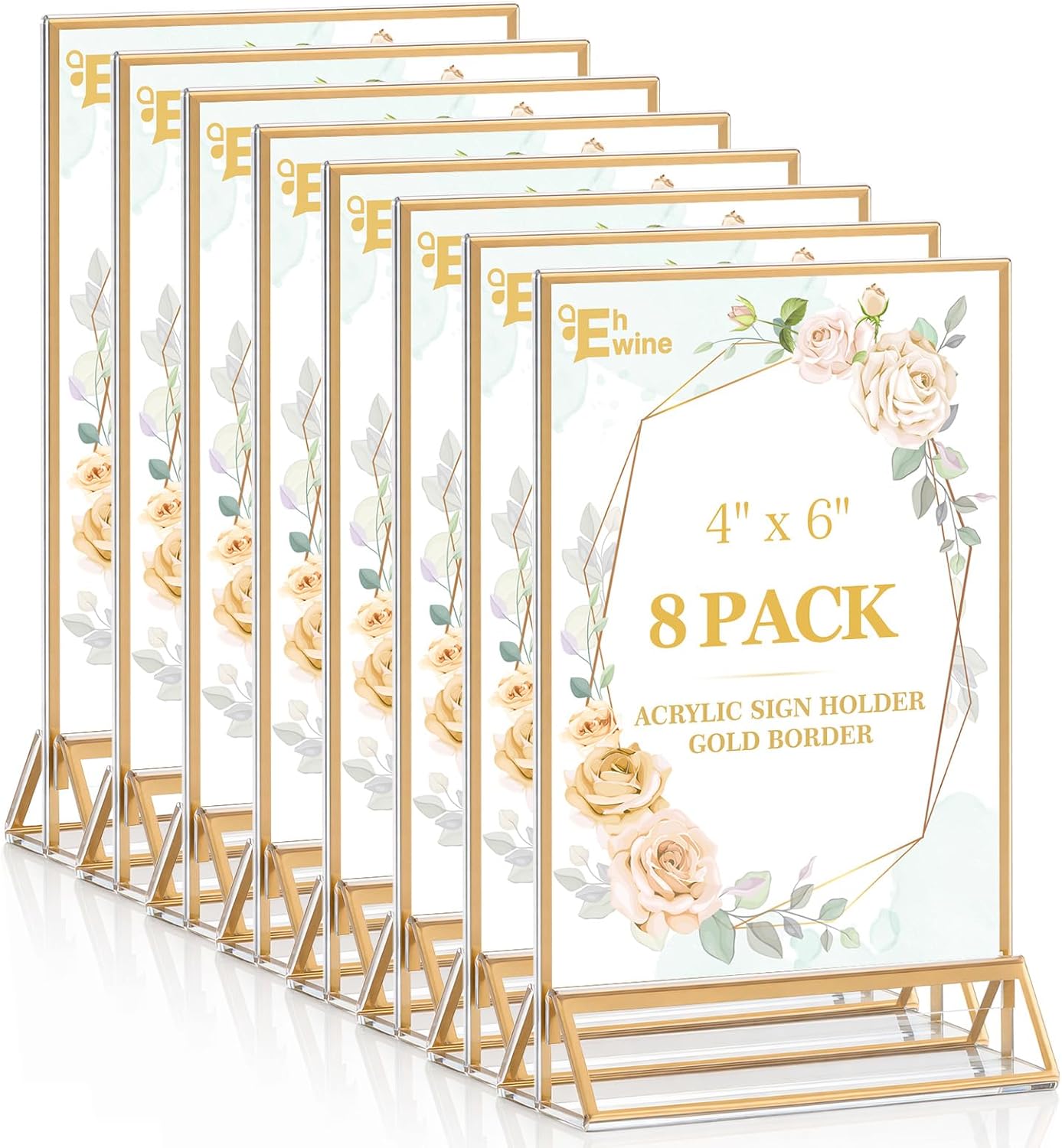 EHWINE 8-Pack 4x6 Clear Acrylic Sign Holders with Gold Borders - Double-Sided Vertical Table Tents for Weddings, Restaurants, Menus & Photos