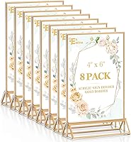 EHWINE 8-Pack 4x6 Clear Acrylic Sign Holders with Gold Borders - Double-Sided Vertical Table Tents for Weddings, Restaurants, Menus & Photos