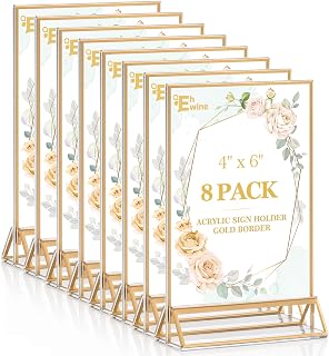 EHWINE 8-Pack 4x6 Clear Acrylic Sign Holders with Gold Borders - Double-Sided Vertical Table Tents for Weddings, Restaurants, Menus & Photos