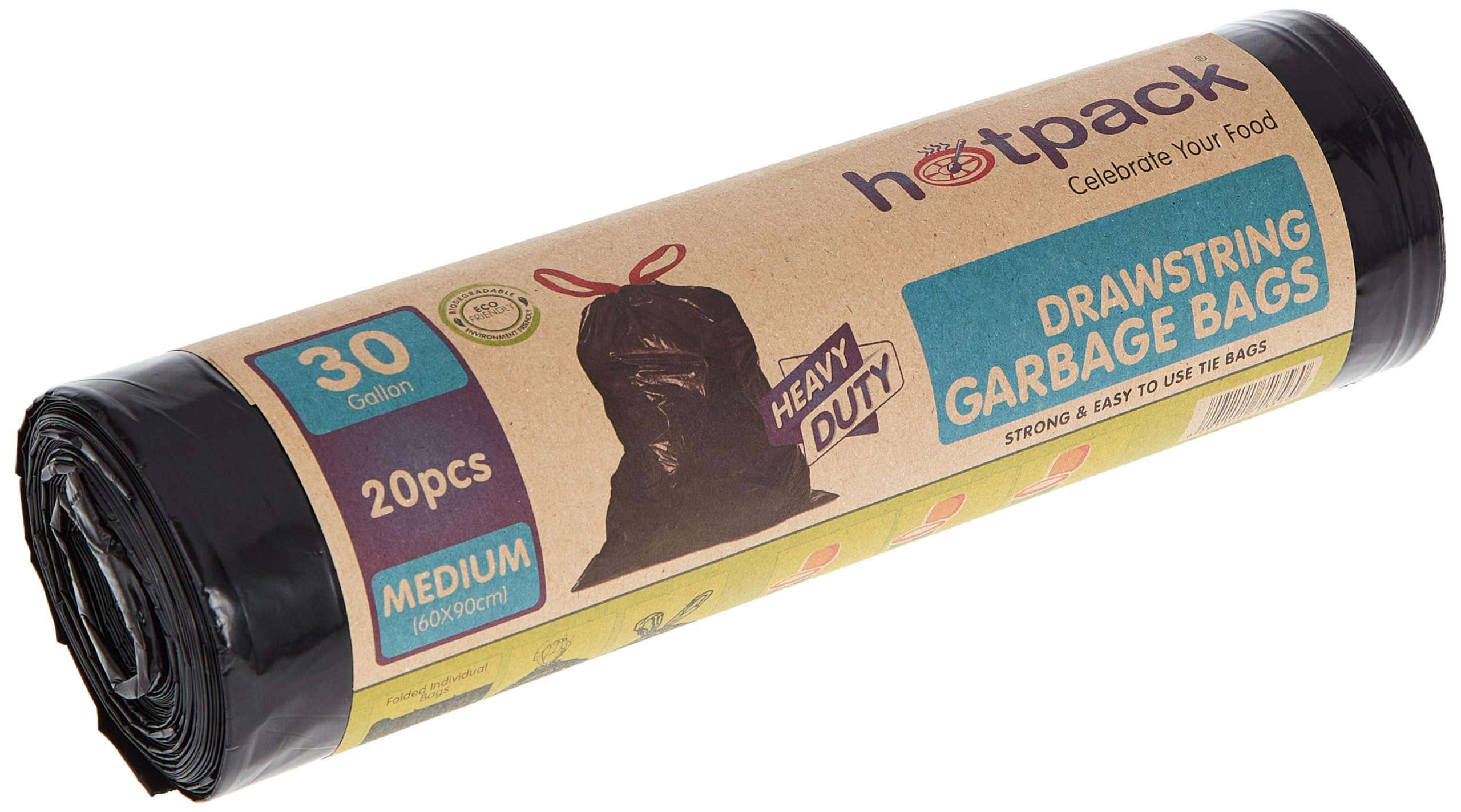 Disposable Heavy Duty Strong & Bio-Degradable Drawstring Garbage Bag Rolls Medium 30 Gallon, 60x90cm, 20 Pieces
