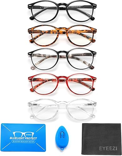 eyeezi Paquete de 5 lentes de lectura con bloqueo de luz azul para mujeres y hombres, bisagra de resorte UV400, lentes redondos para lectura de
