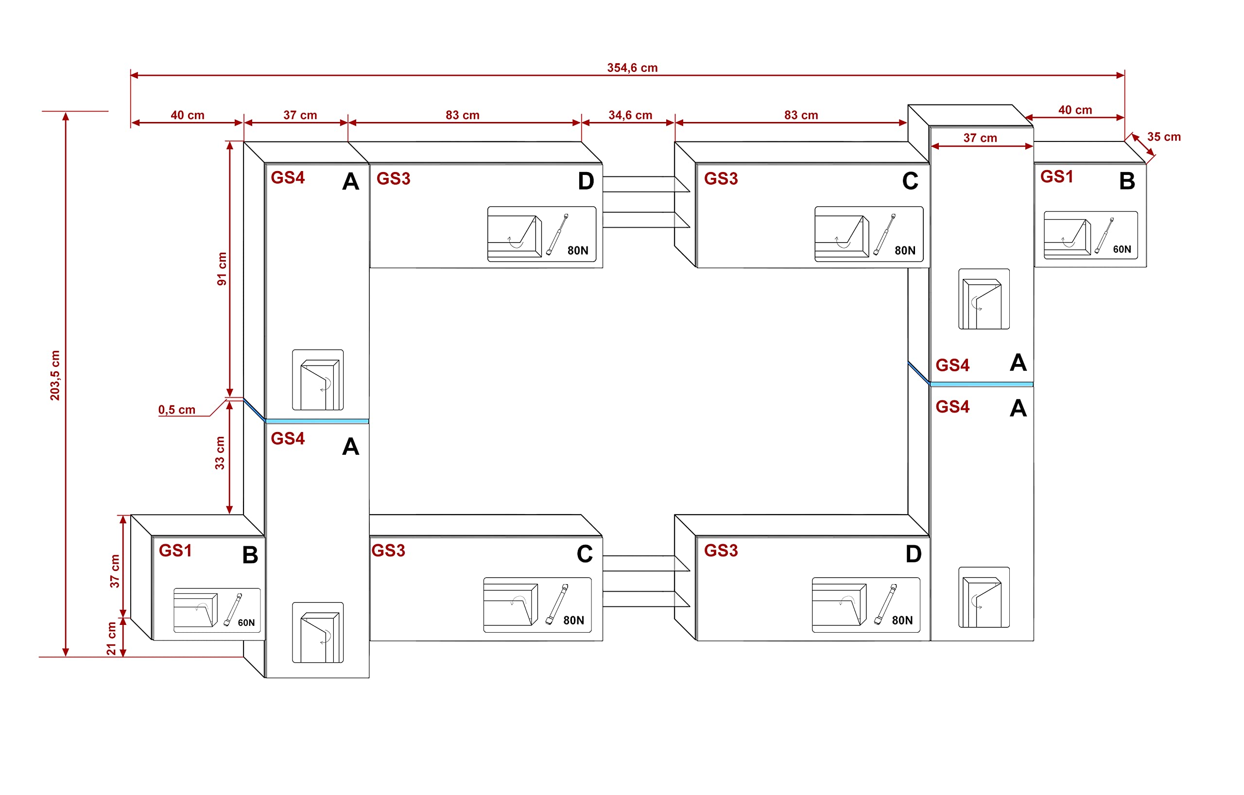Furnitech Wohnwand Wohnzimmer - Hängend Wohnwand Modern - Wohnzimmer Schrankwand mit Regale und TV Schrank - Wohnzimmer Möbel ohne LED (AN91NEW-21BDZ-M9 MATT)
