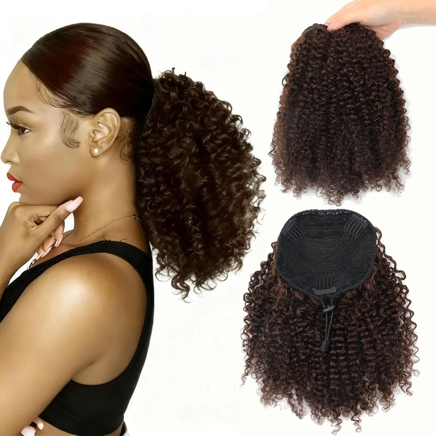 VADES Dark Brown Drawstring Ponytail for Black Women Color #2 Clip in Hair Extensions Kinky Curly Ponytail Extension Human Hair Fake Hair Ponytail 12 inch Short Hair Extension for Black Women