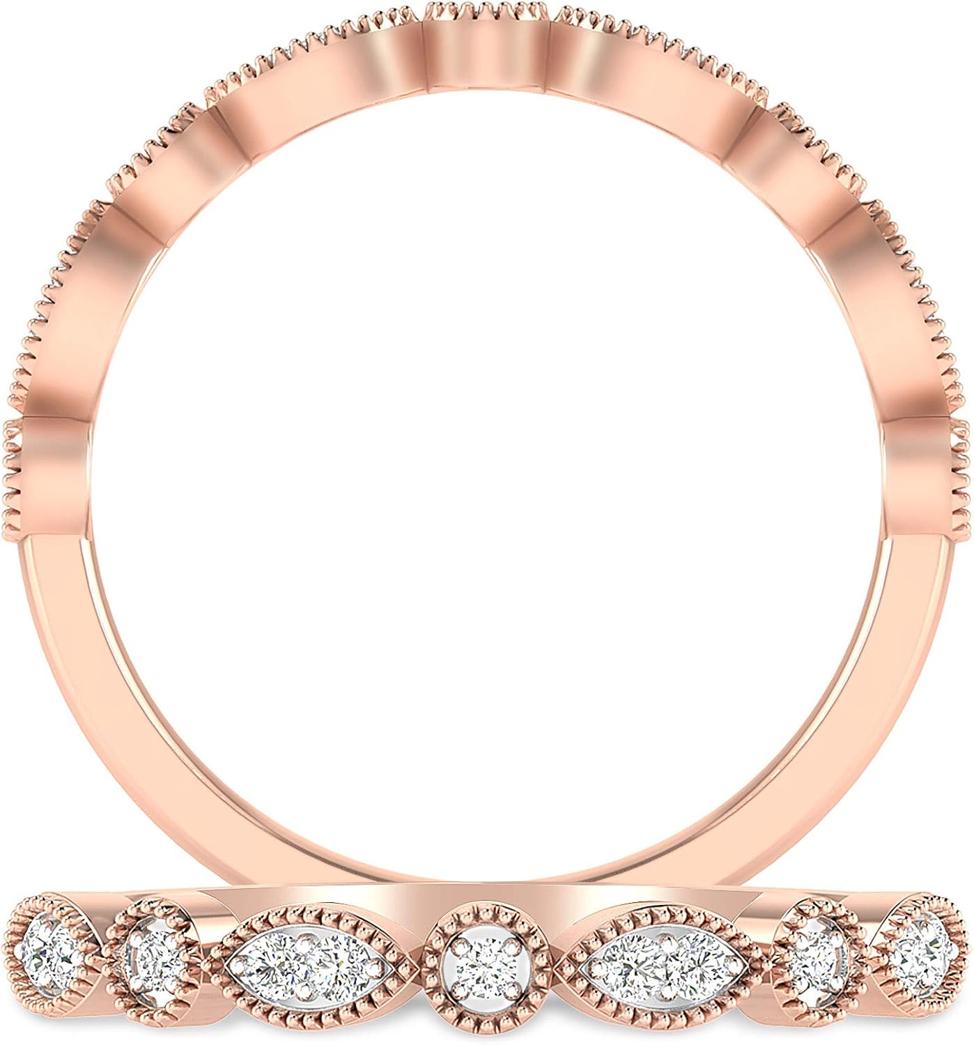 Inspereza 1/10 Carat 10kt Gold Round Diamond Petite Milgrain Wedding Anniversary Stackable Band. (H-I Color, I2-I3 Clarity)