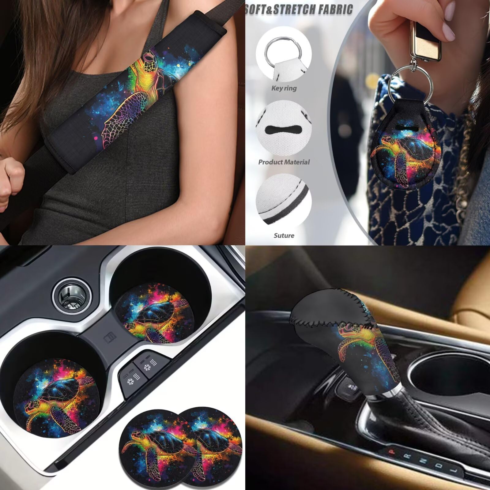 Set completo di coprisedili per auto, motivo tartaruga, 14 pezzi, decorazione per interni auto, universale, coprivolante posteriore, per cinture di sicurezza, portabicchieri